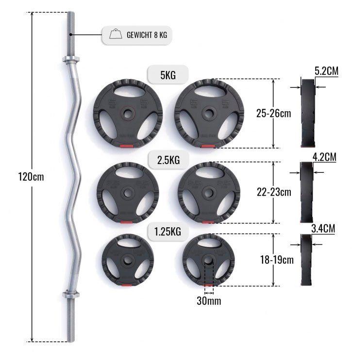 GORILLA SPORTS Hantel-Set 25 kg Curlstange Hantelscheiben Kunststoff Sternverschlüsse