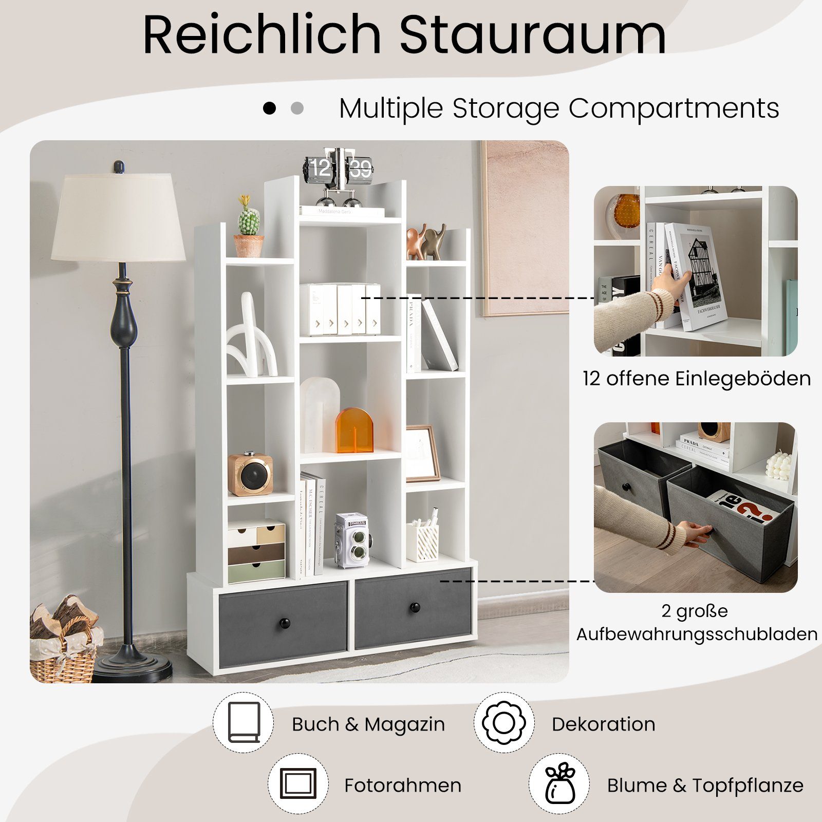 COSTWAY Bücherregal, Standregal mit 12 Fächern und 2 Schublade, 53x24x118cm