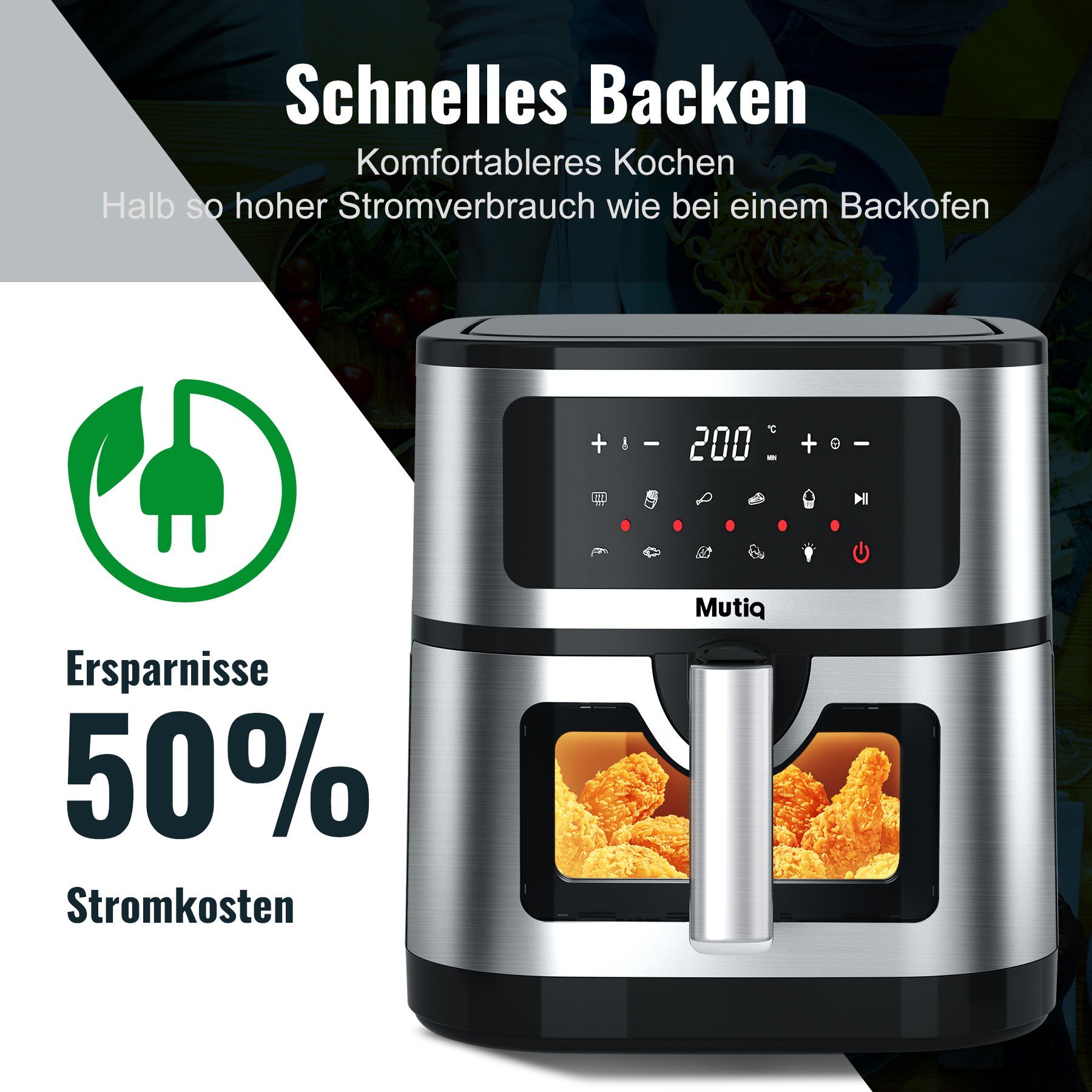 Senmudi Heißluftfritteuse Air fryer 7.5L XXL,Fritteuse ohne Öl,LED-Touchscreen,10 Programme, 1800W,Gesunde Heißluftfritteuse,Küchengerät für fettarmes Frittieren