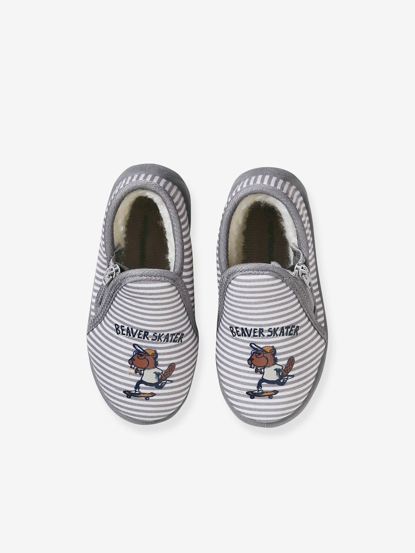 Chaussons zippés bébé en textile imprimé rayé gris