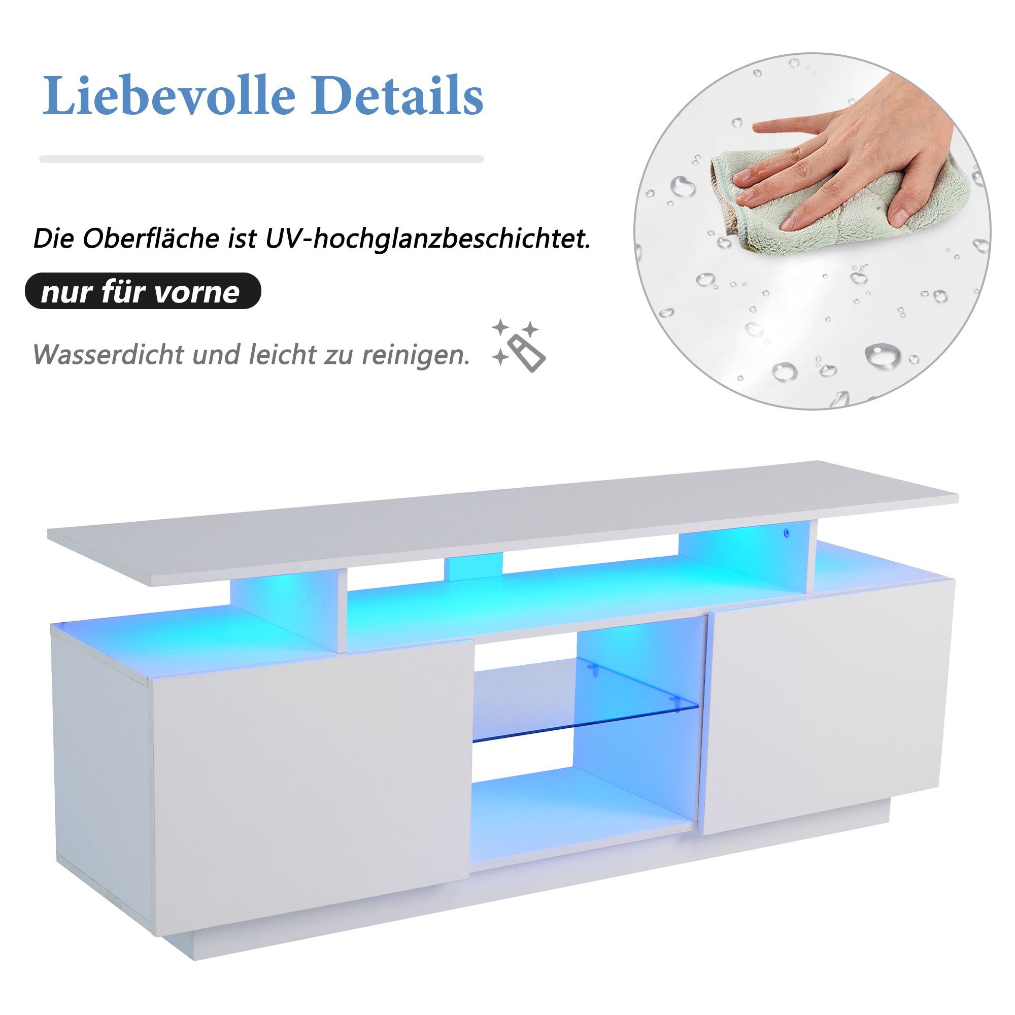 REDOM TV-Schrank Moderner weißer TV-Schrank (Hochglanz) mit 16-farbiger LED-Beleuchtung