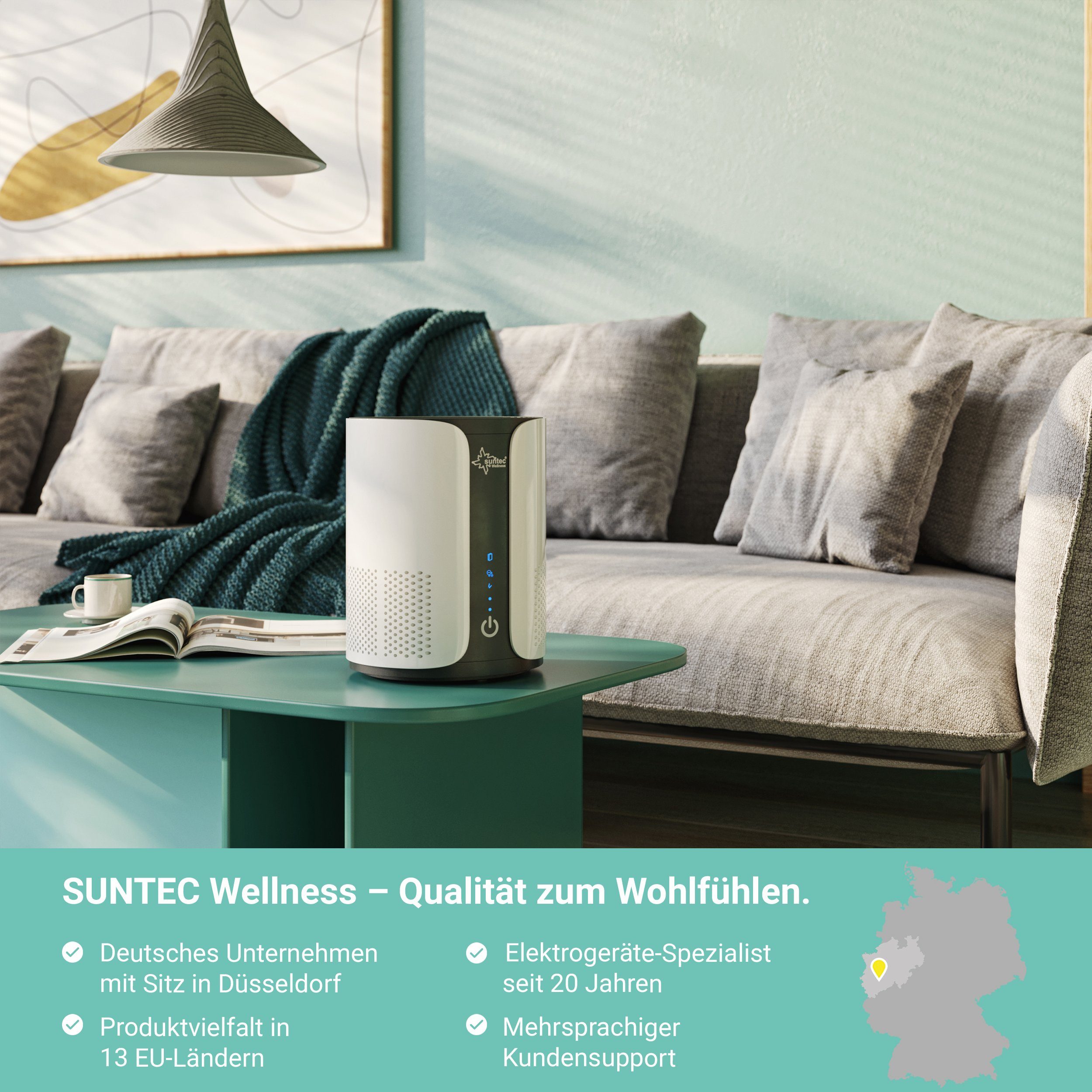 Suntec Wellness Luftreiniger AirCare 1000 VirusEx H14 Ion, für 13 m² Räume, 4 in 1 Luftreinigung, Luftwäscher mit H14 HEPA-Filter, Aromabox, 25 W