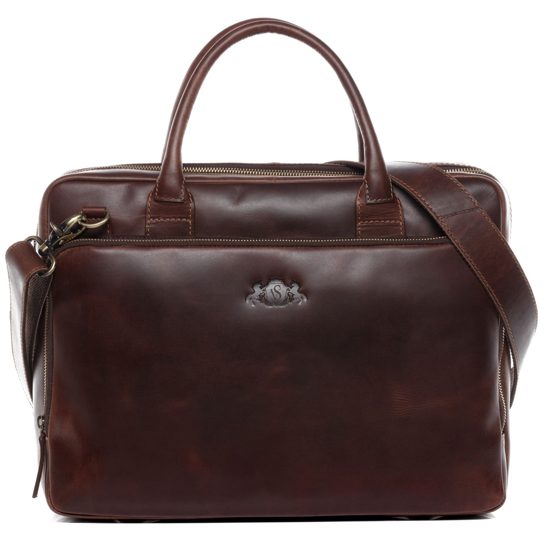 SID & VAIN Laptoptasche Leder Businesstasche Unisex RYAN, Laptoptasche 15,4 Zoll, Aktentasche Echtleder Damen Herren braun
