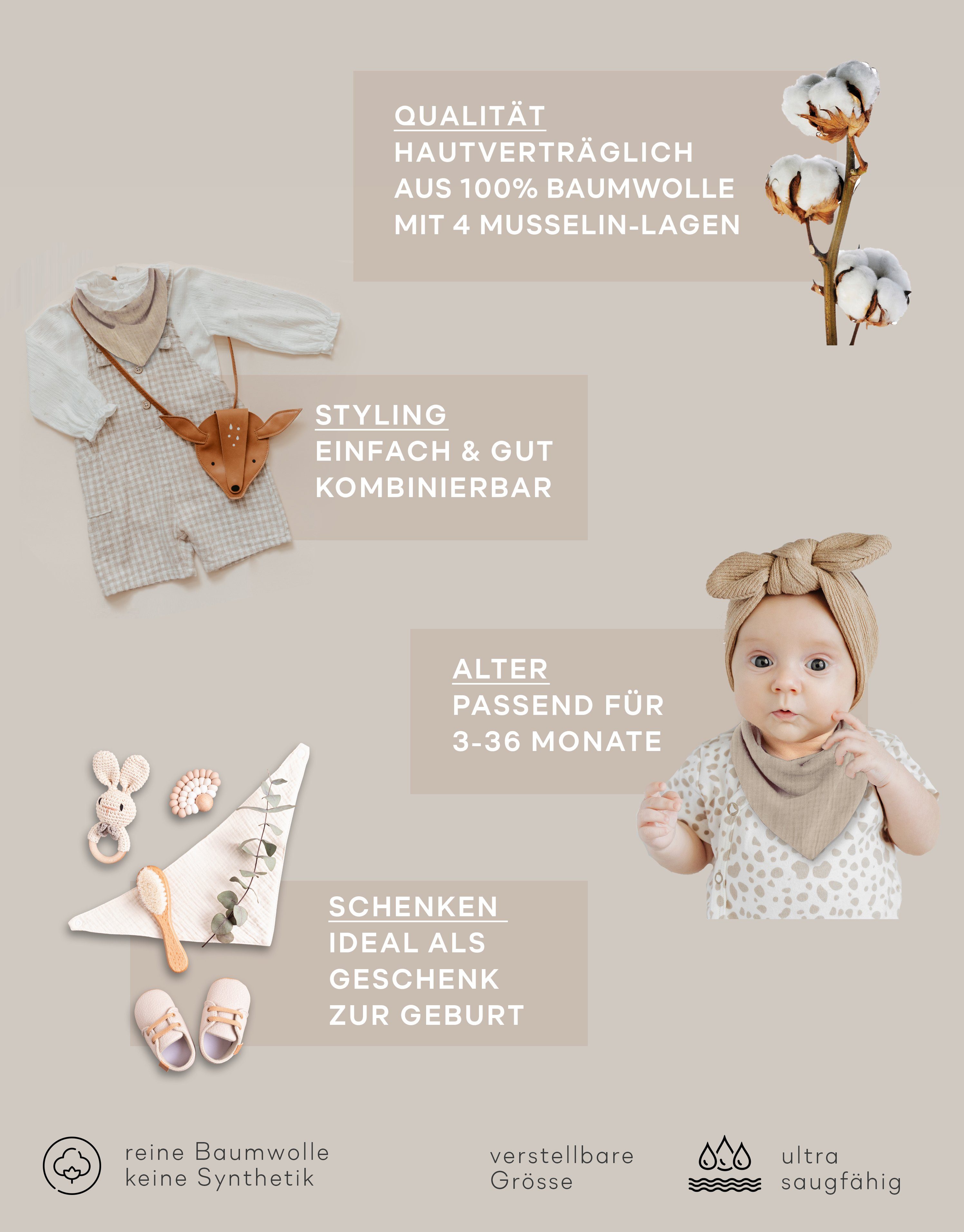 Artee Lätzchen Set 4 oder 10 Stück Musselin Halstücher in Größe M für 8-48 Monate