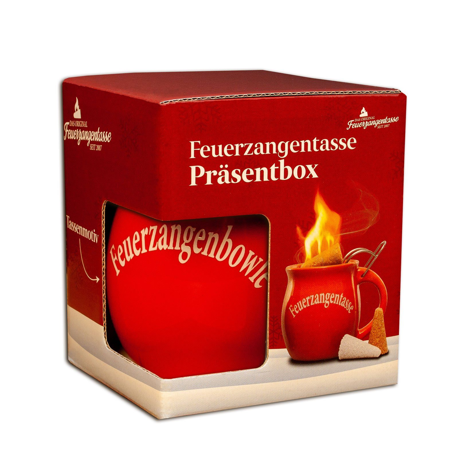 Feuerzangentasse Bowle-Set Feuerzangentasse 1er-Set (Feuerzangenbowle Set, 5-tlg., 1x Feuerzangentasse, 3x Zimtzuckerhütchen, 1x Rezeptheftchen), hitzebeständige Keramik, Edelstahl-Feuerzange