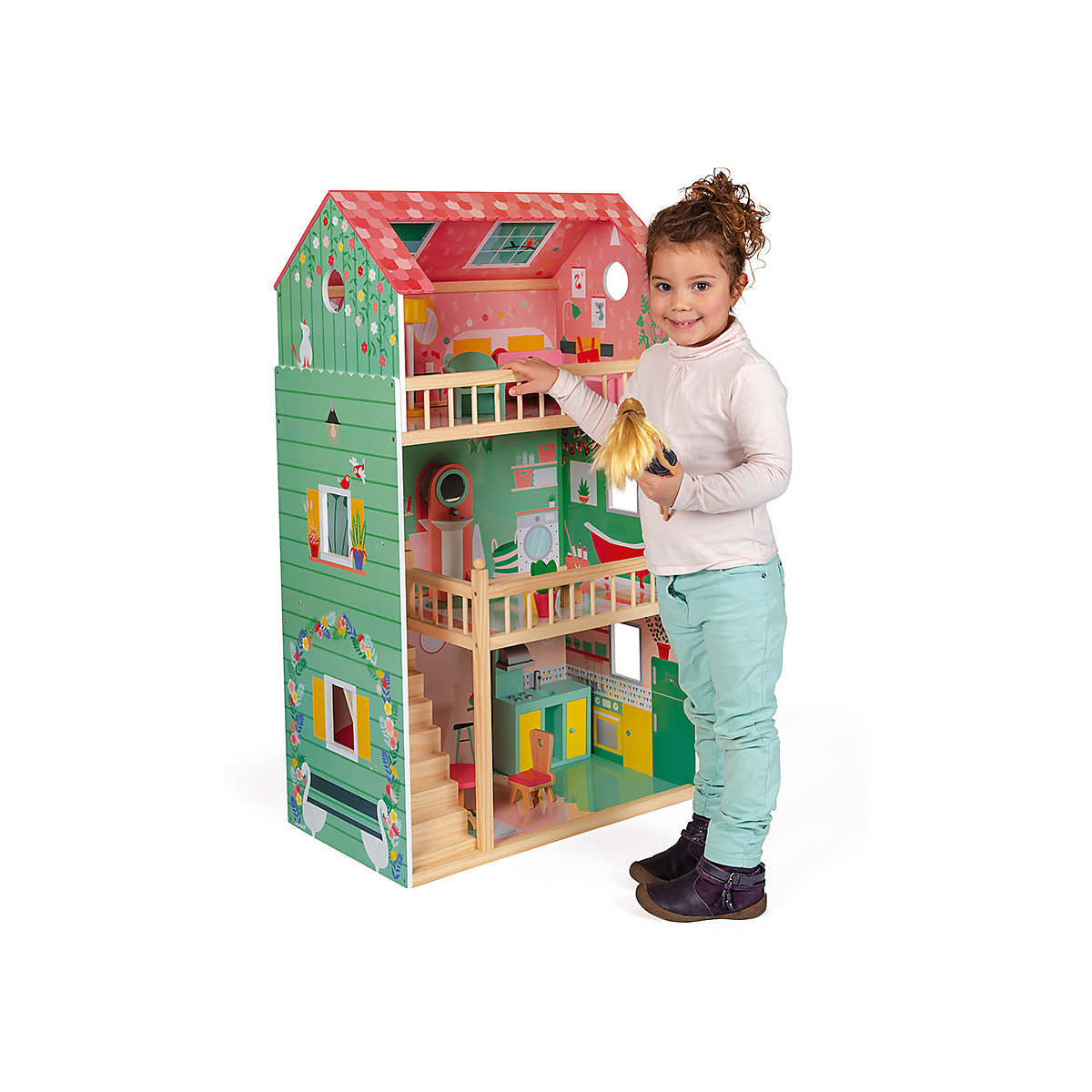 - Happy Day Holz-Puppenhaus, 3 Etagen und mit 12 Zubehörteilen, Spielzeugnachbildung, entwickelt die Fantasie, ab 3 Jahren, J06580