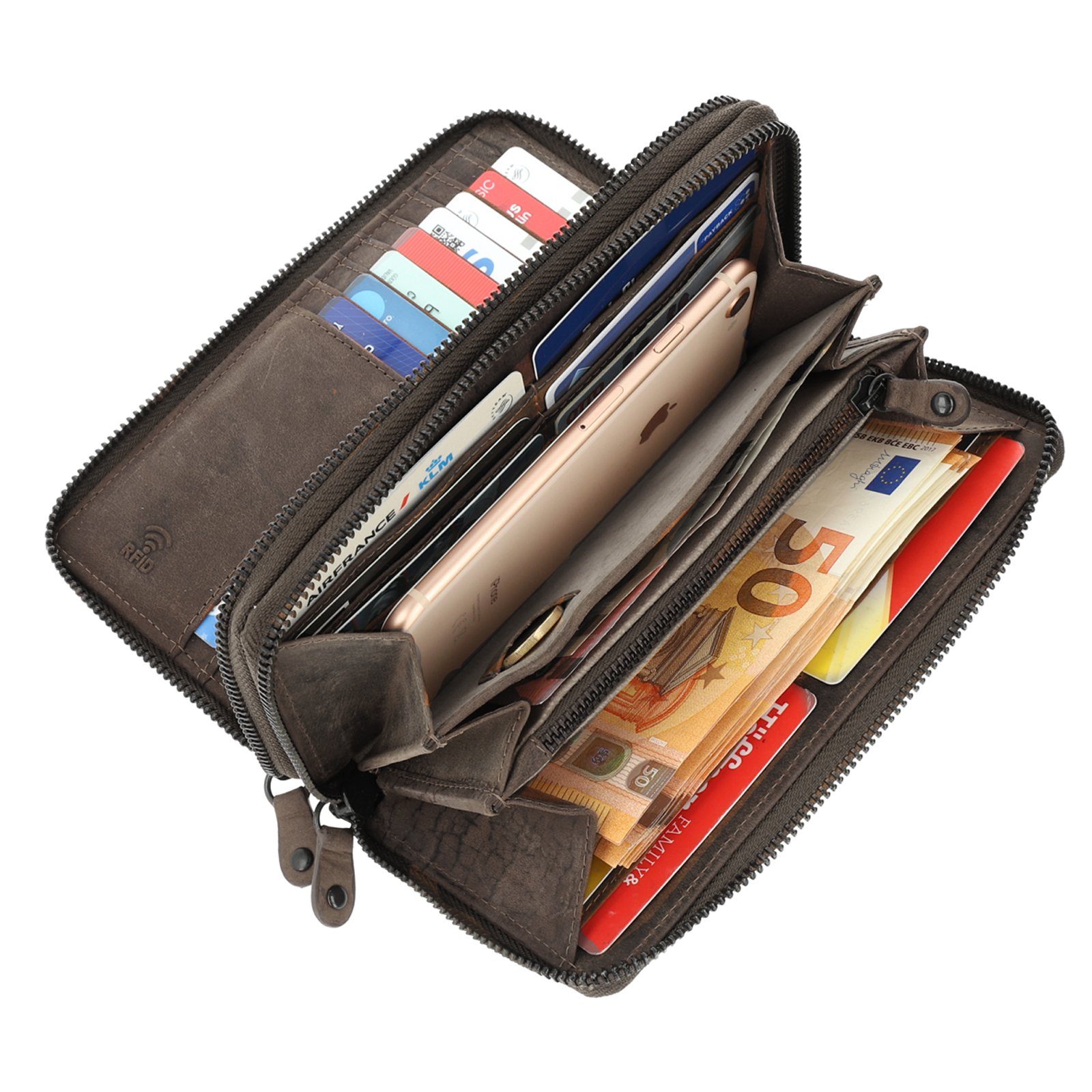TAN.TOMI Geldbörse Brieftasche Geldbeutel Büffel Leder Braun groß im Langformat Vintage, RFID Schutz mit doppelten Reißverschlüssen und vielen Fächern
