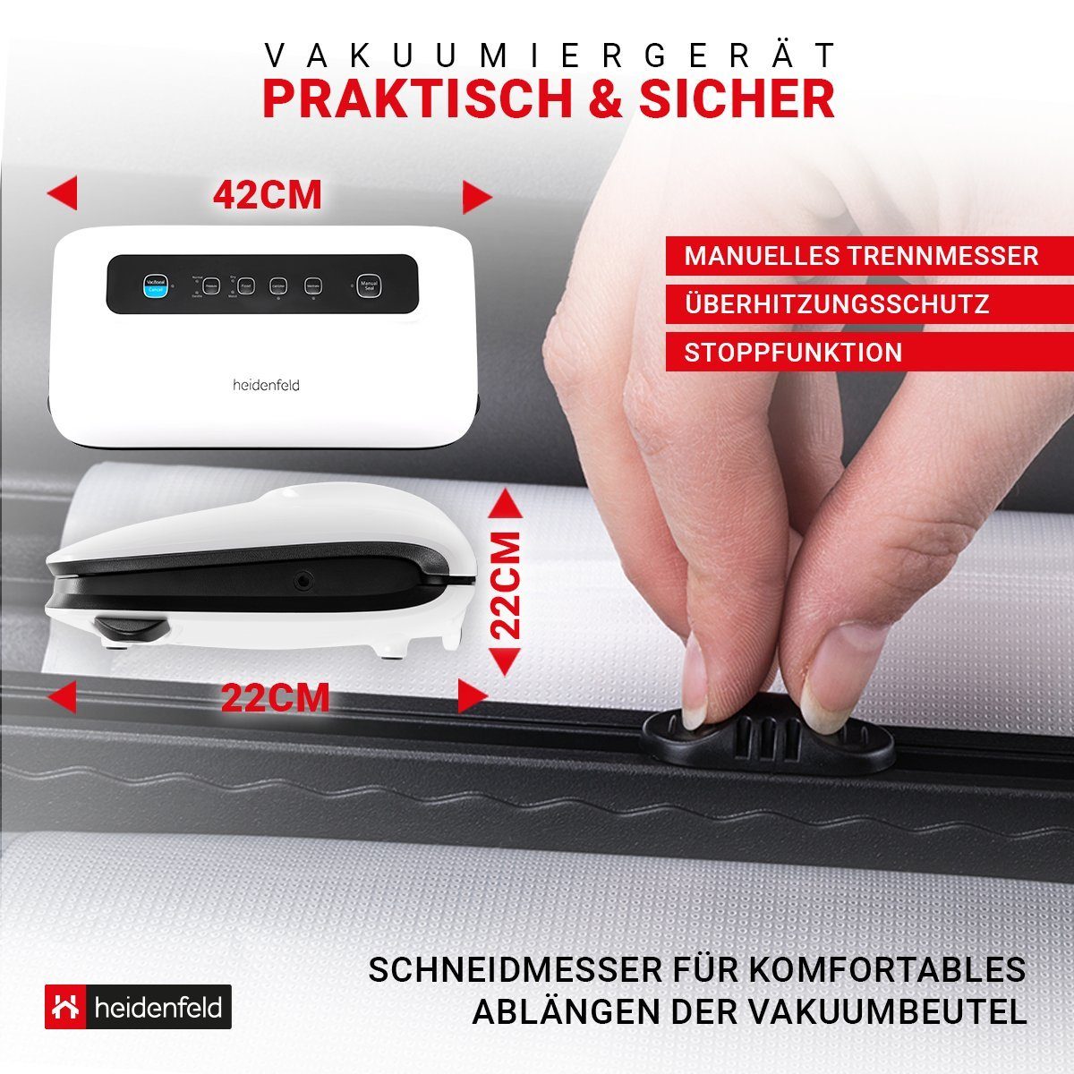 Heidenfeld Vakuumierer Folienschweißgerät HF-VK100 inkl. 5 Folienbeutel, 30 cm Schweißbreite - 125 W Heizleistung - Vakuumierung - 0,8 bar
