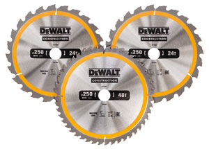 Accessoires DeWalt : Lames de scie circulaire DT1963-QZ 250 x 30 mm (lot de 3) ; références : DT1956-QZ + DT1957-QZ