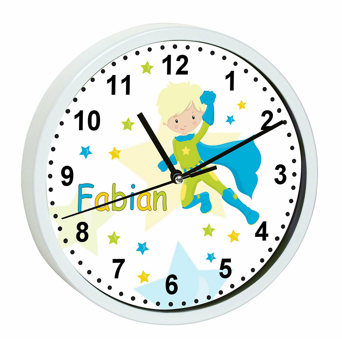Kinder Wanduhr laufruhig personalisiert mit Name Superheld