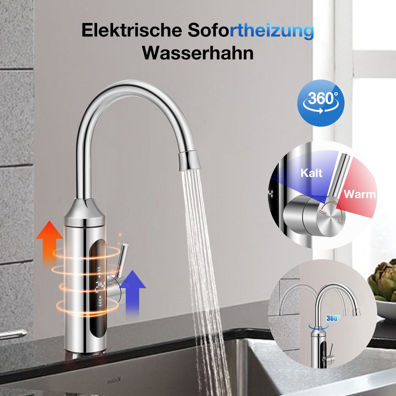 LETGOSPT Klein-Durchlauferhitzer 3000W Elektrisch Wasserhahn LED Temperaturanzeige 360° Drehbar Armatur