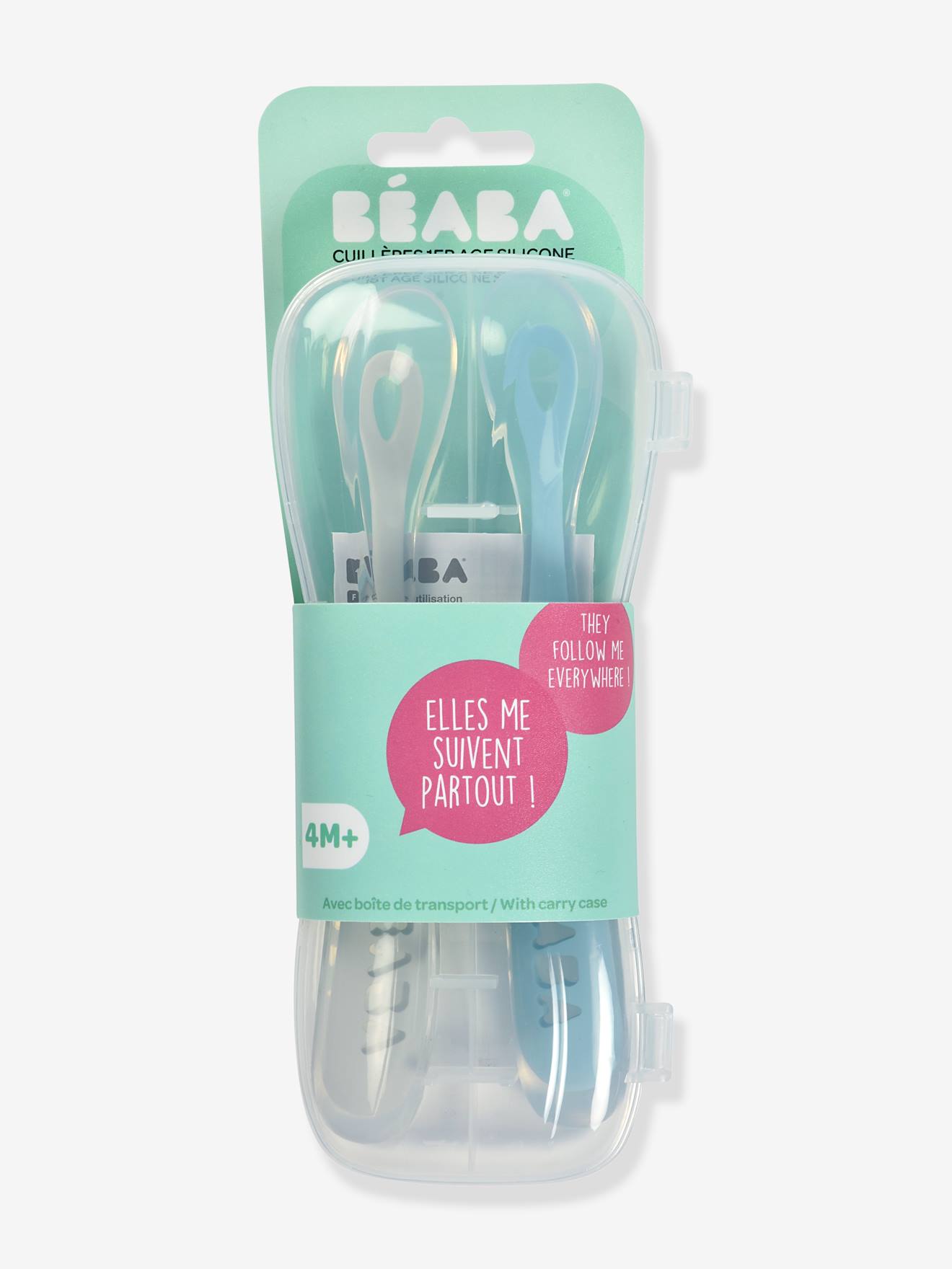 Lot de 2 cuillères ergonomiques d'apprentissage + boîte de transport BEABA rose/gris