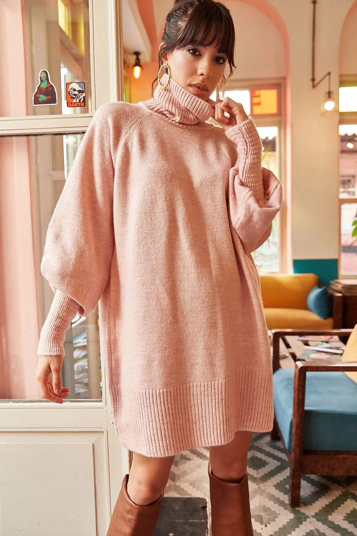 Olalook  Damen-Puder-Rollkragenpullover mit Ballonärmeln, lockeres Strickkleid ELB-19000867