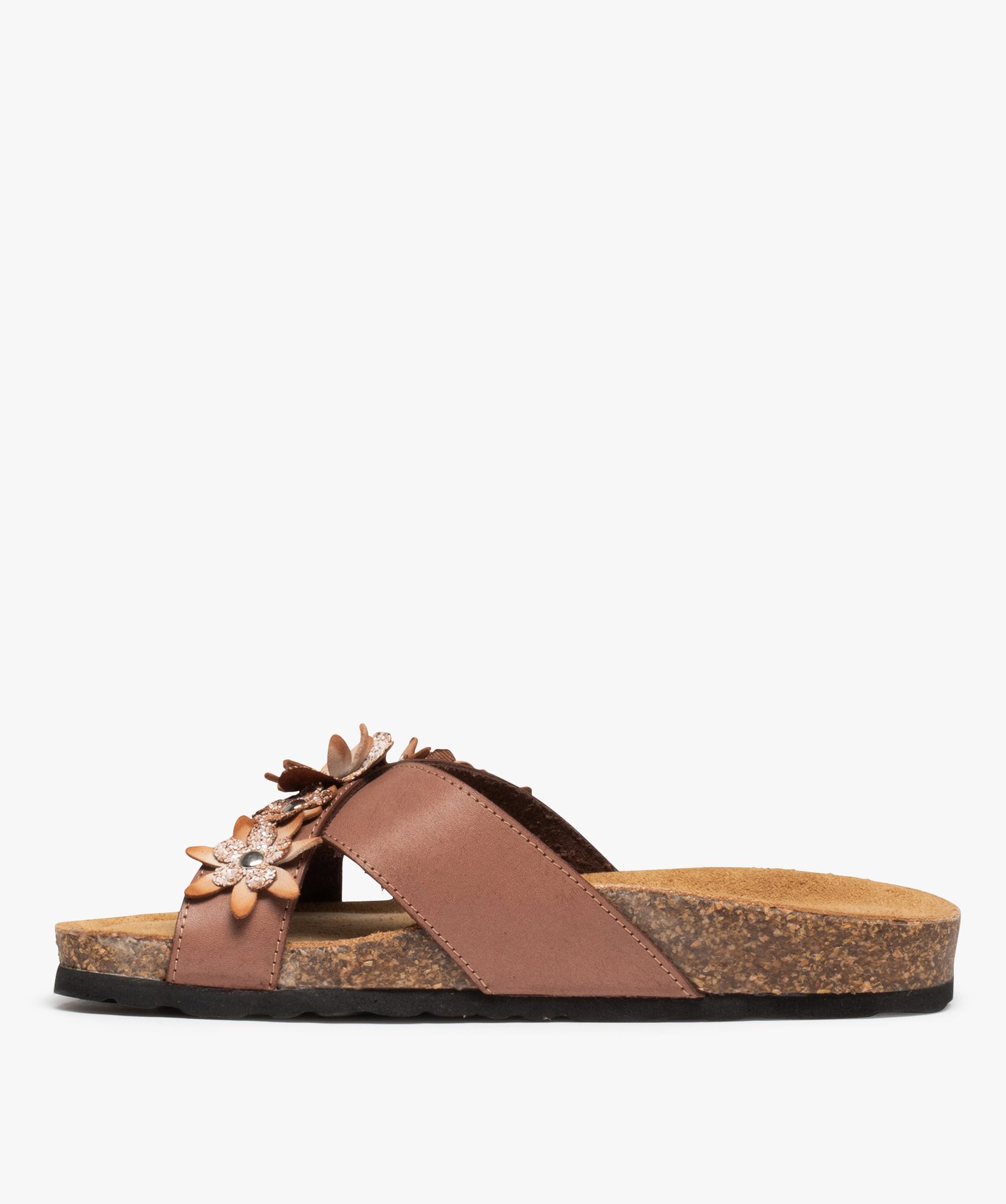 Mules femme à talon plat et larges brides à fleurs taupe | GEMO