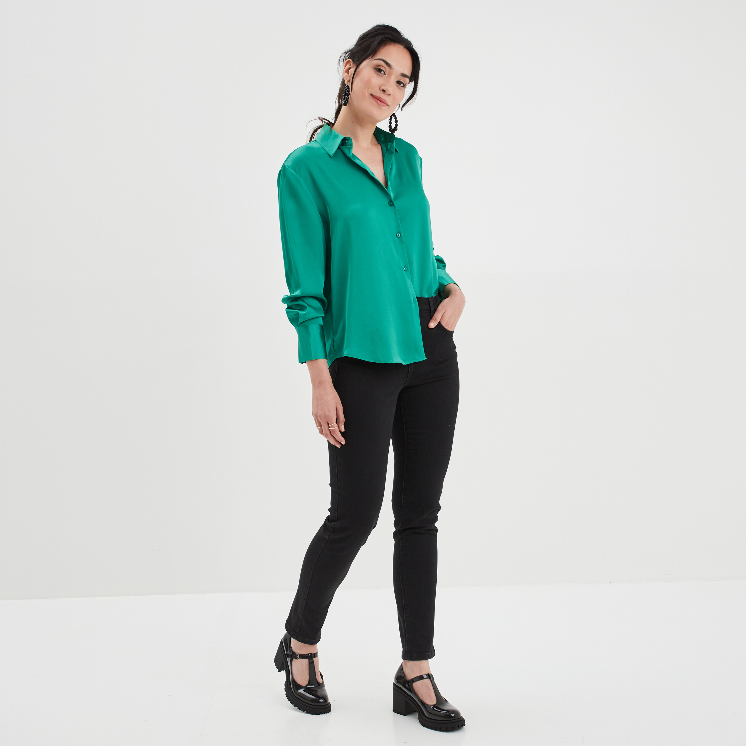 Chemise satin manches longues vert émeraude femme | La Halle