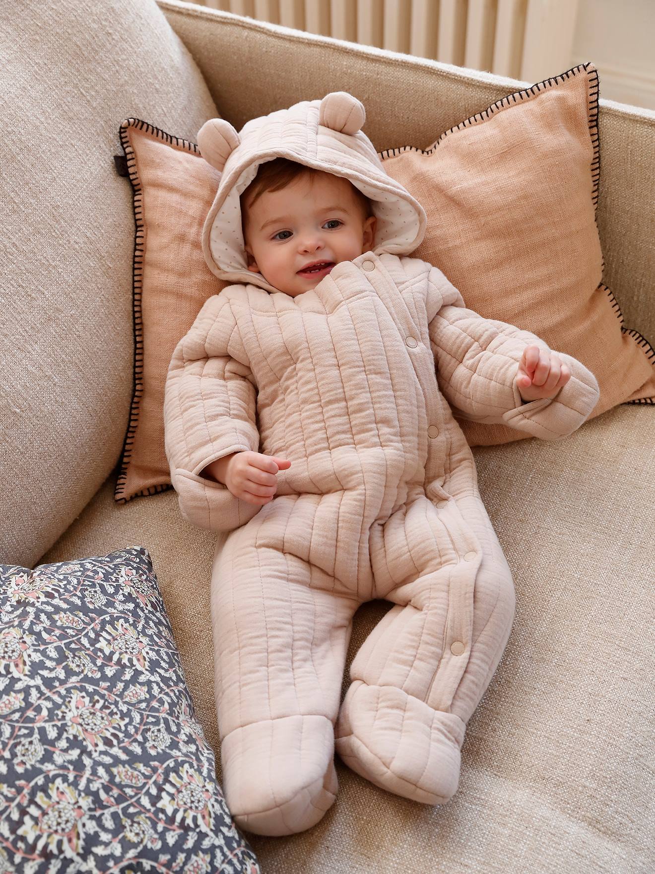 Combipilote en gaze de coton bébé ouverture décalée beige