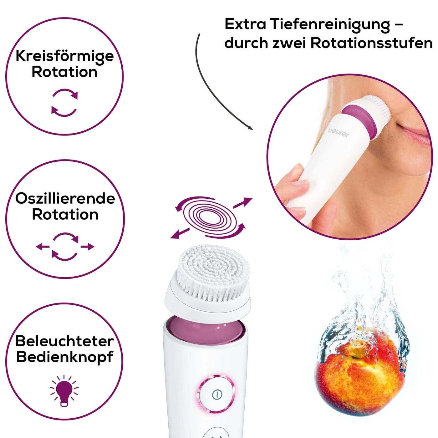 Beurer Gesichtsbürste FC 95 Pureo Deep Cleansing-Gesichtsbürste mit 4 Bürstenaufsätzen für jeden Hauttyp