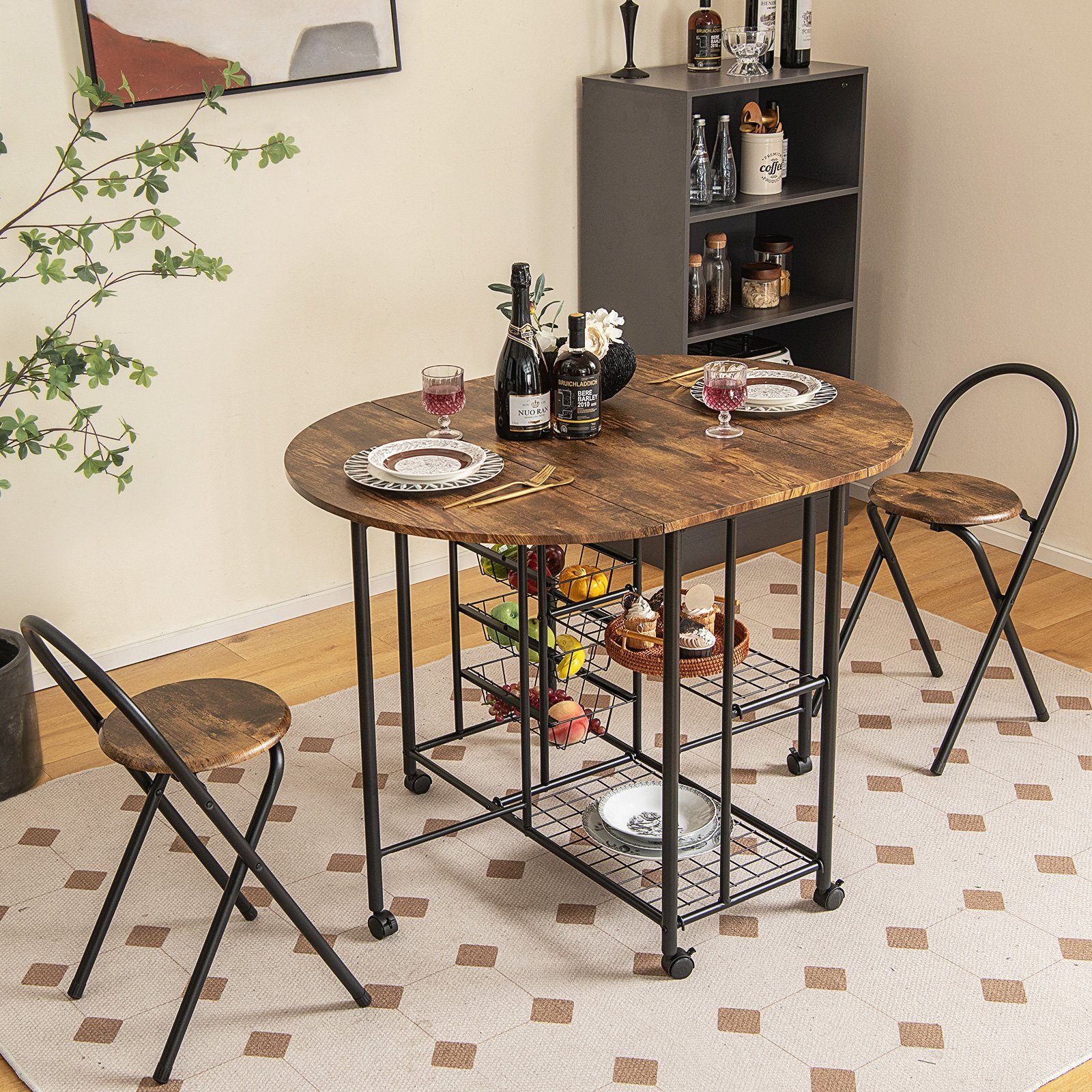 COSTWAY Bartisch (3-St), mit 2 Regalen & 4 herausziehbaren Körben, klappbar