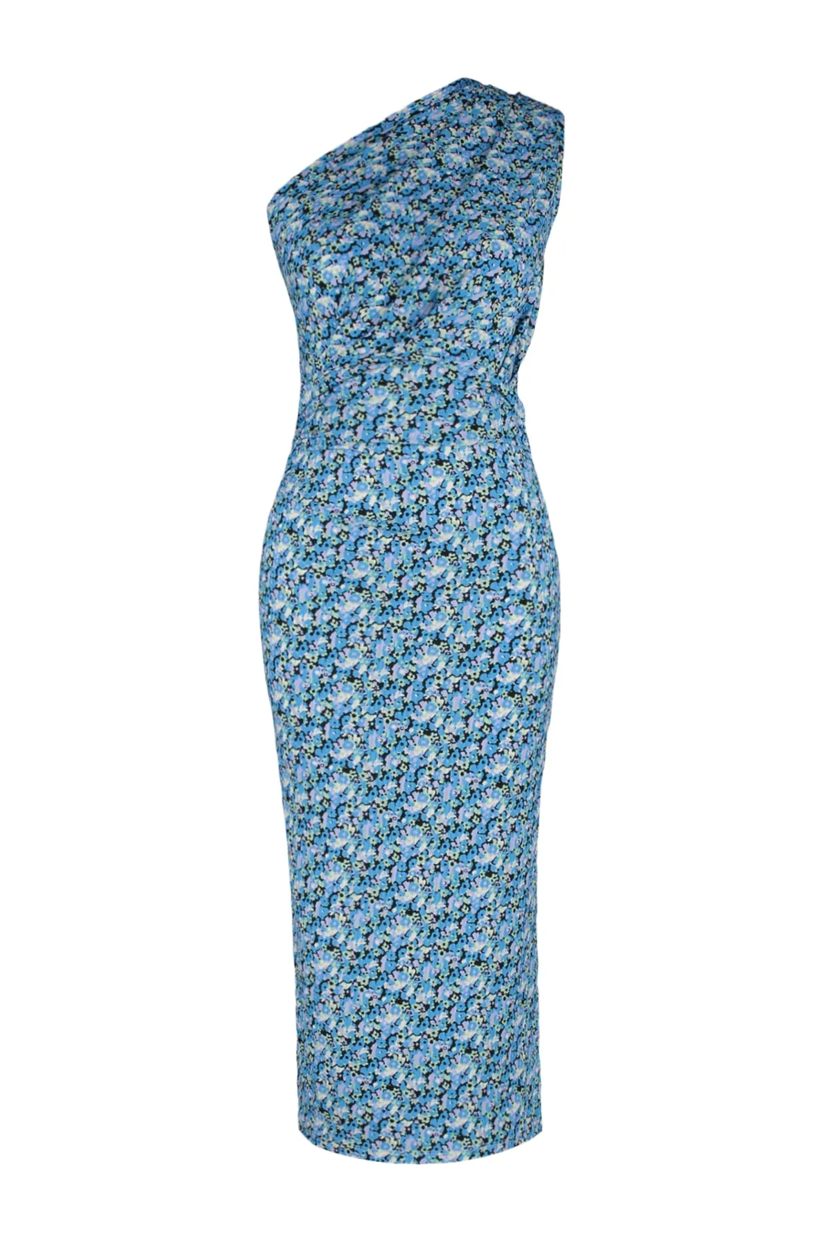 Trendyol Collection  Blaues bedrucktes, tailliertes One-Shoulder-Asymmetrisches Degaje-Bleistiftkleid aus Strick TWOSS23EL02182