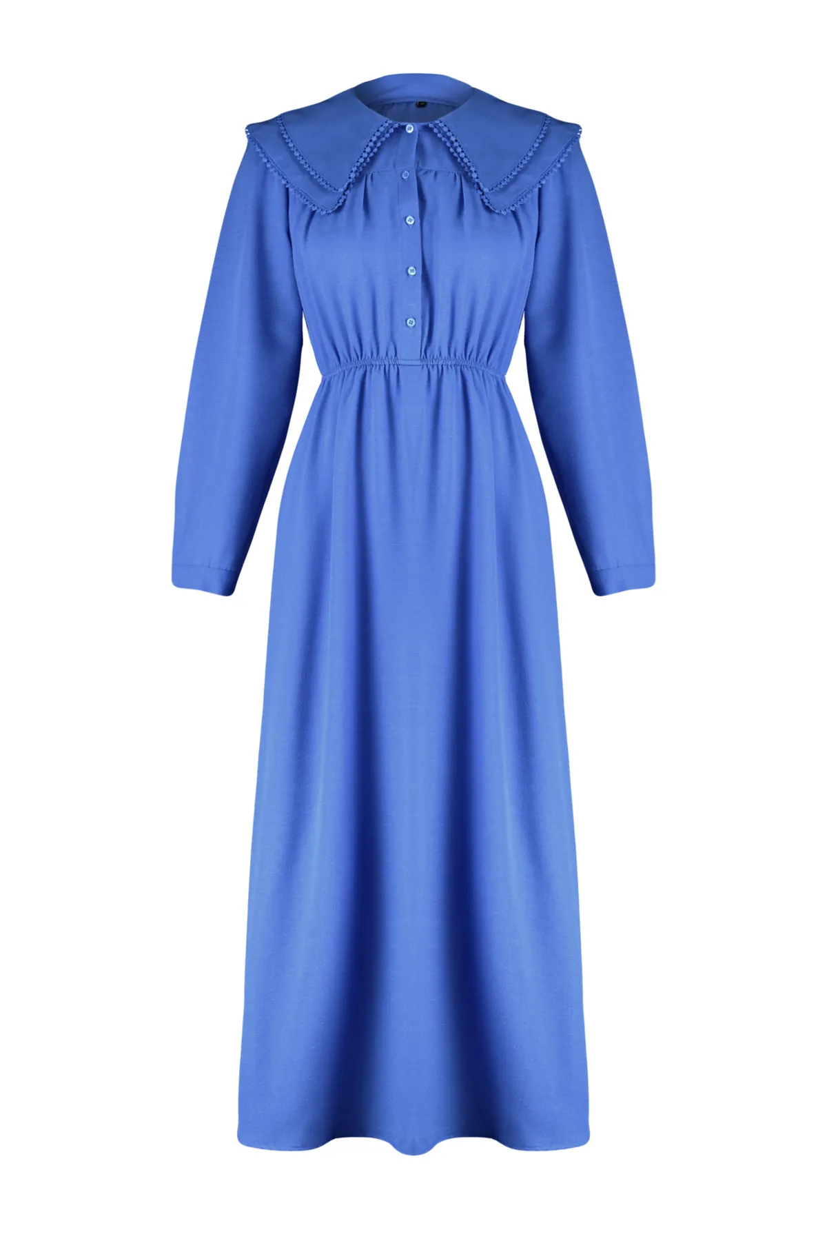 Trendyol Modest  Blaues, gewebtes Kleid in Leinenoptik mit Babykragen TCTSS24EB00061