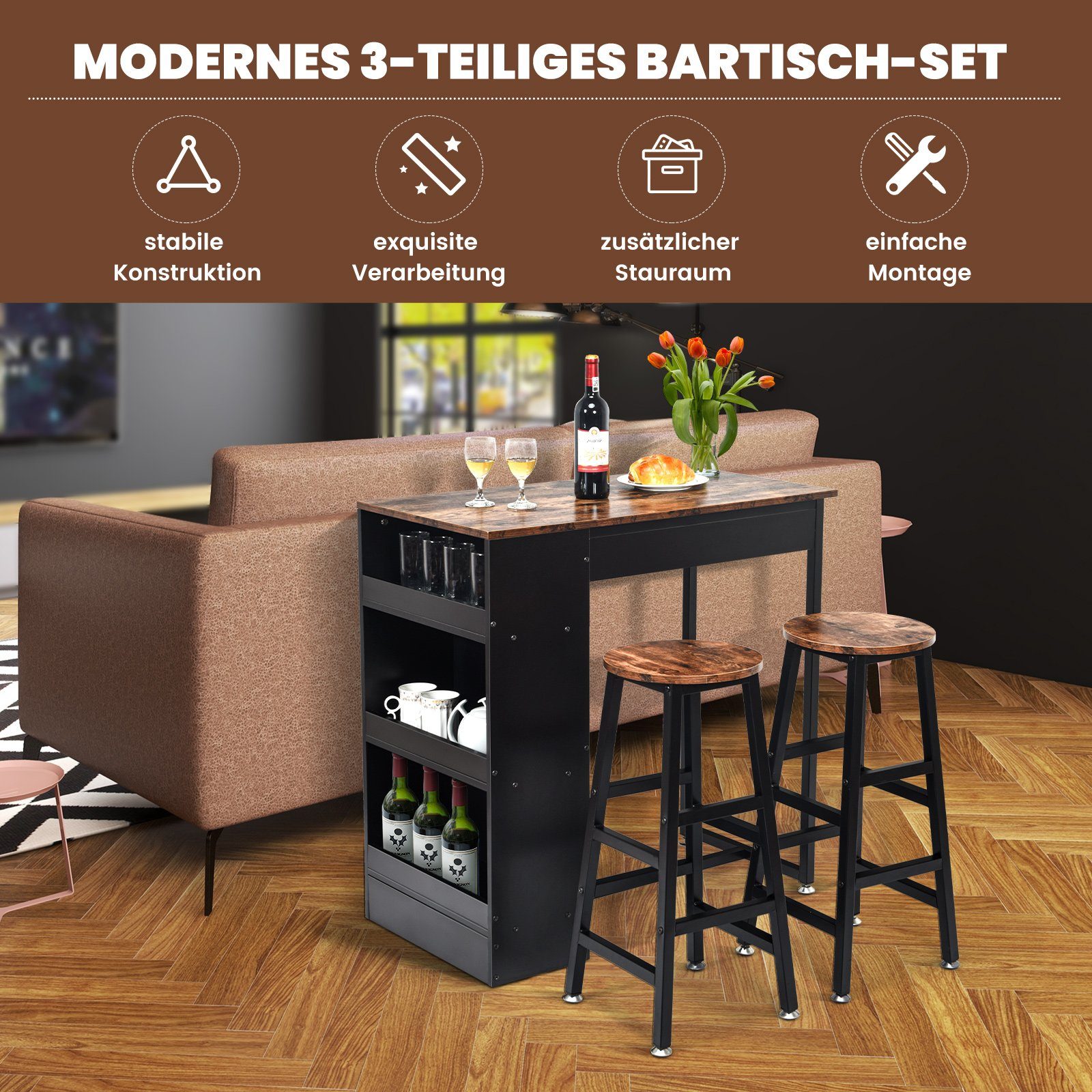 COSTWAY Bartisch, Set, mit 2 Barhockern und 3 Ablagen, 49x91x91cm, Industrie
