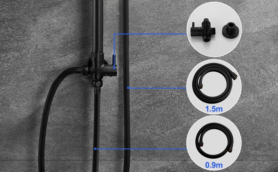 JOHO Brausegarnitur Duschsystem Duschset Dusche Schwarz Edelstahl, Höhe 114 cm, 3 Strahlart(en), Kopfbrause 2020cm, universell einsetzbar für vorhandene Löcher