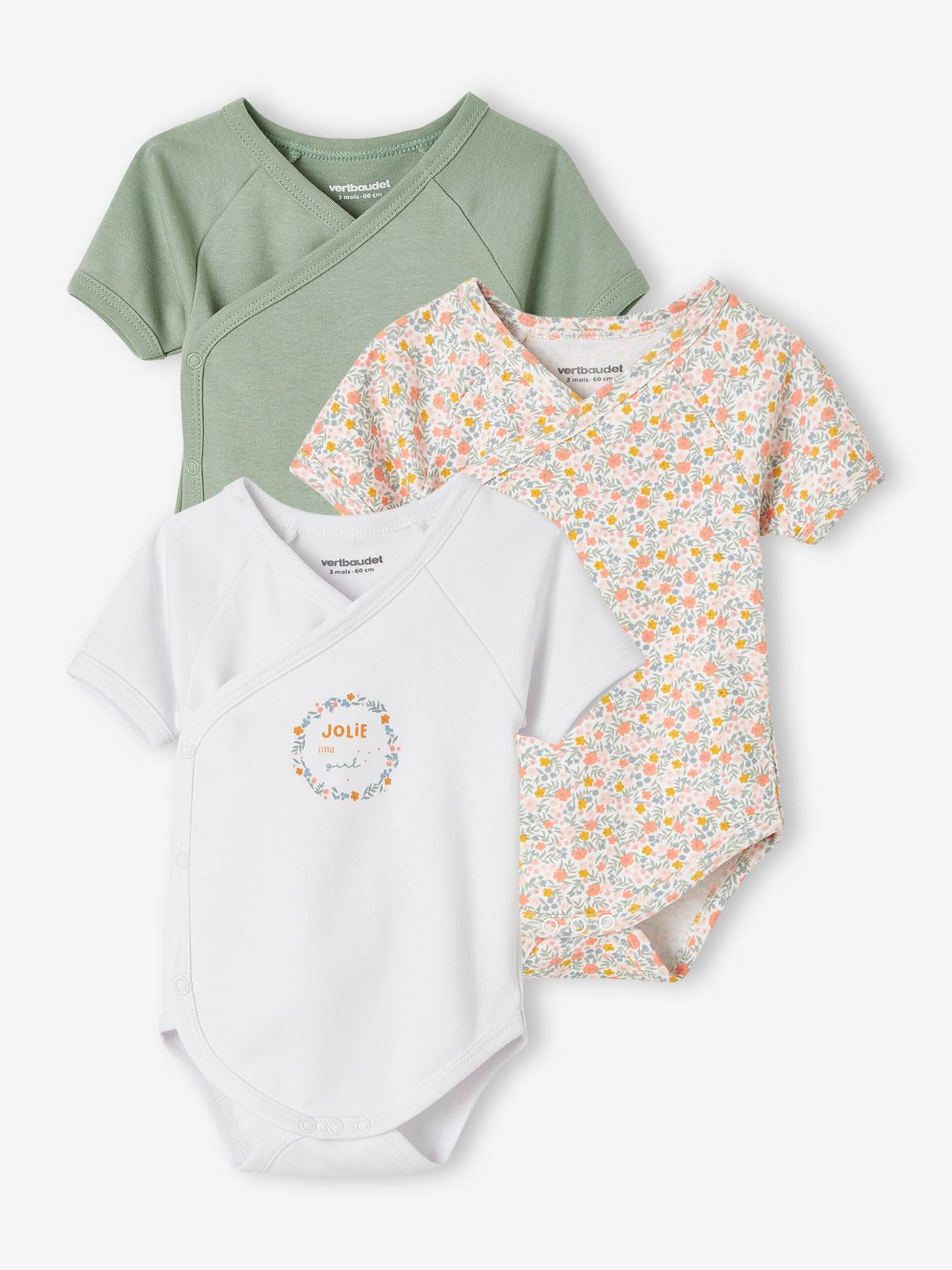 Lot de 3 bodies fleurs manches courtes bébé ouverture naissance lot tilleul