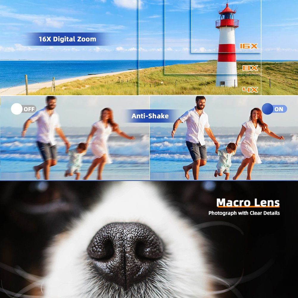 A Ade Digitalkamera 4K, 48MP Fotokamera mit Makro-Objektiv Kompaktkamera (48 MP, inkl. 16X Zoomfaktor digital, Zeitraffer-Aufnahme, Loop-Aufnahme, Intervall-Foto, Slow-Motion-Aufnahme)