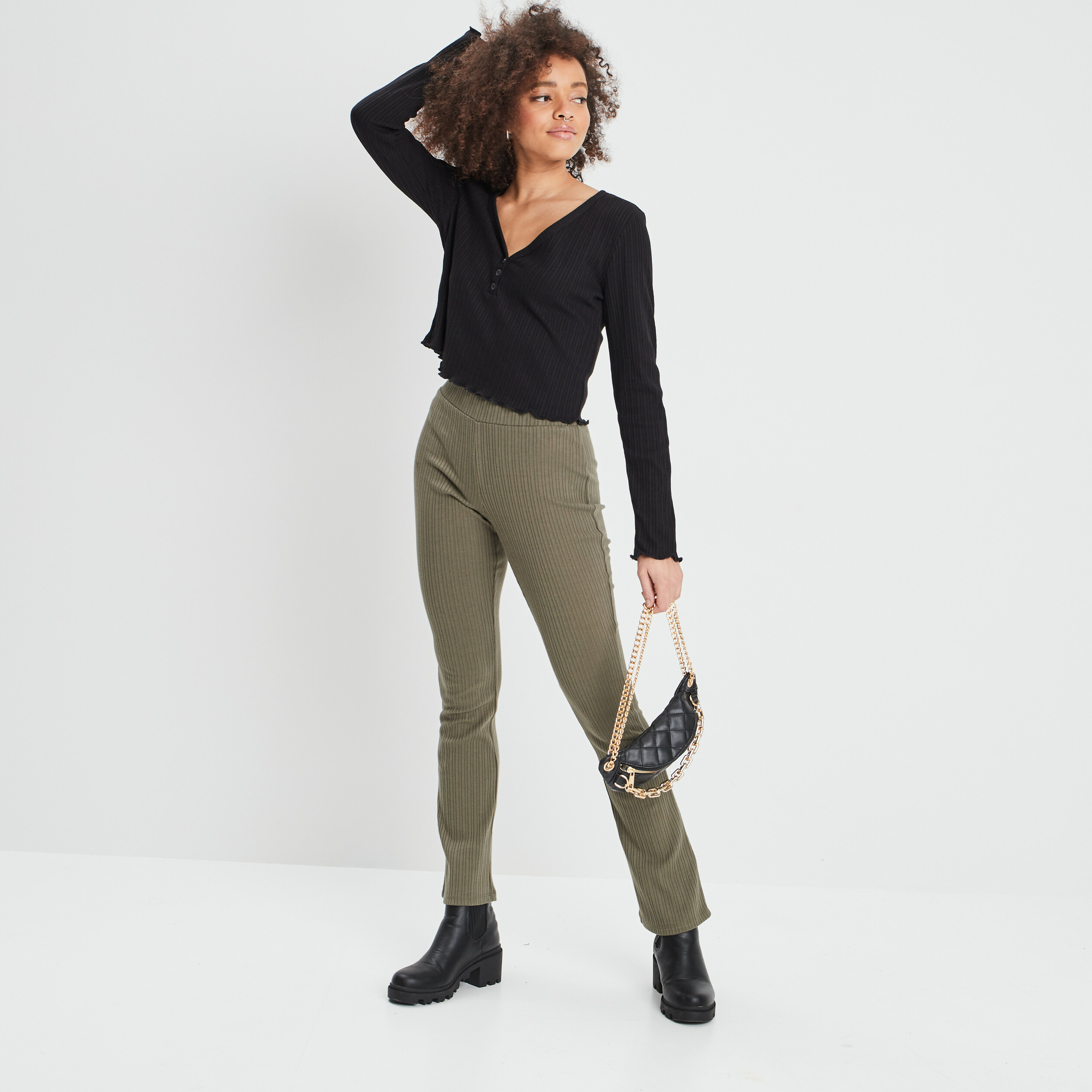 Pantalon flare côtelé vert kaki femme | La Halle
