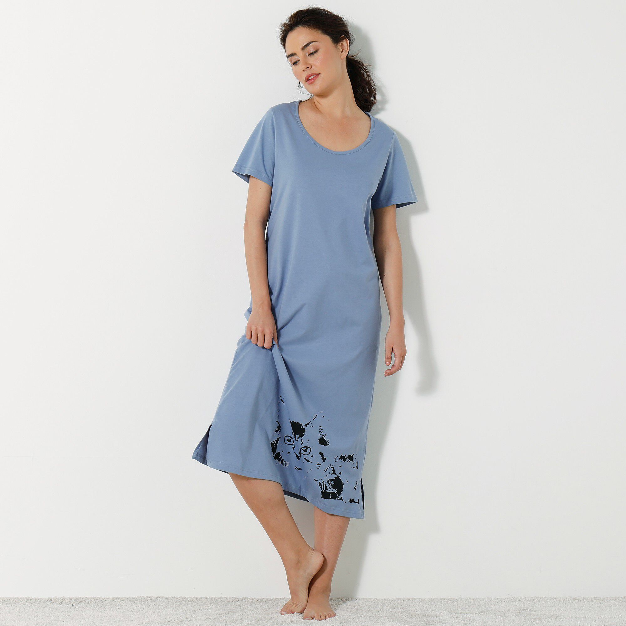Chemise de nuit longue imprimé chat