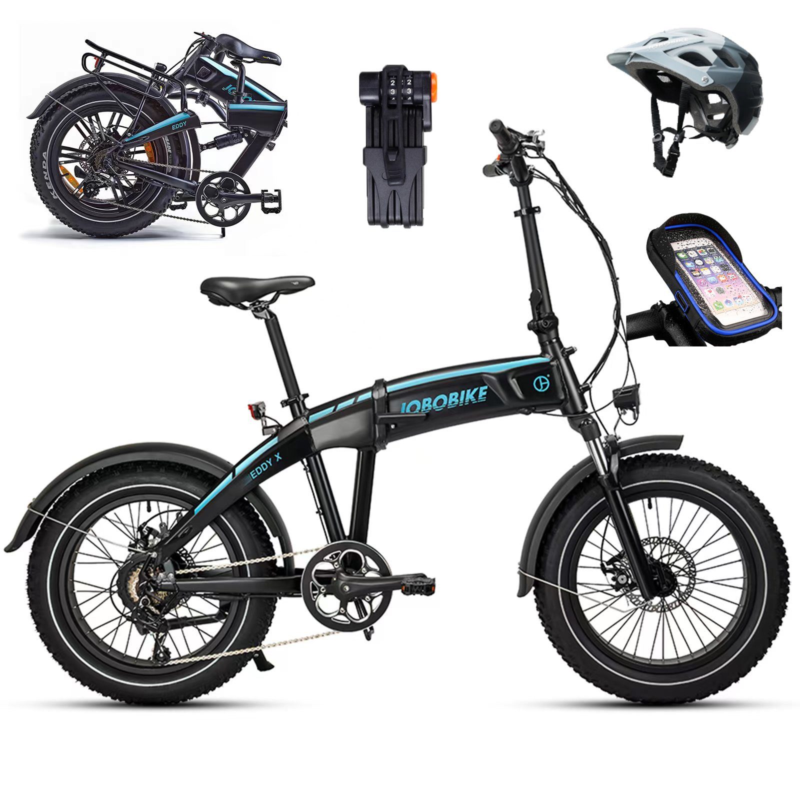 JOBOBIKE E-Bike MTB N46 Eddy Klapprad ebike sale 20 Zoll E-Klapprad mit 250W Heckmotor, 7 Gang Shimano Shimano Schaltwerk, Kettenschaltung, Heckmotor, 672,00 Wh 48V/14Ah LG Akku, (mit Beleuchtungsset, Akku-Ladegrät, Helme, Handy-Halterung, Schloss),