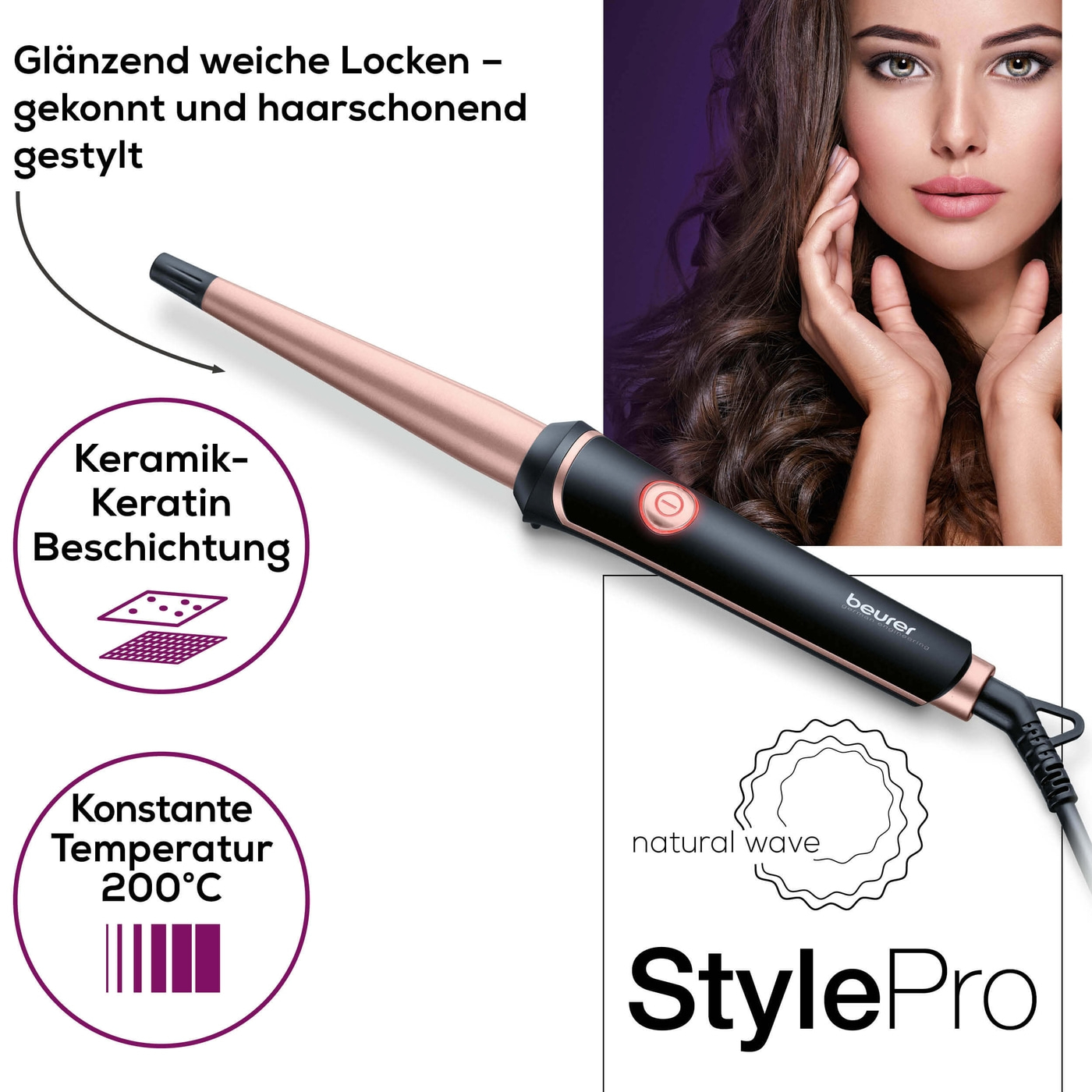 Beurer Lockenstab HT 53-Kegelförmiger Lockenstab mit schützender Keramik-Keratin Beschichtung