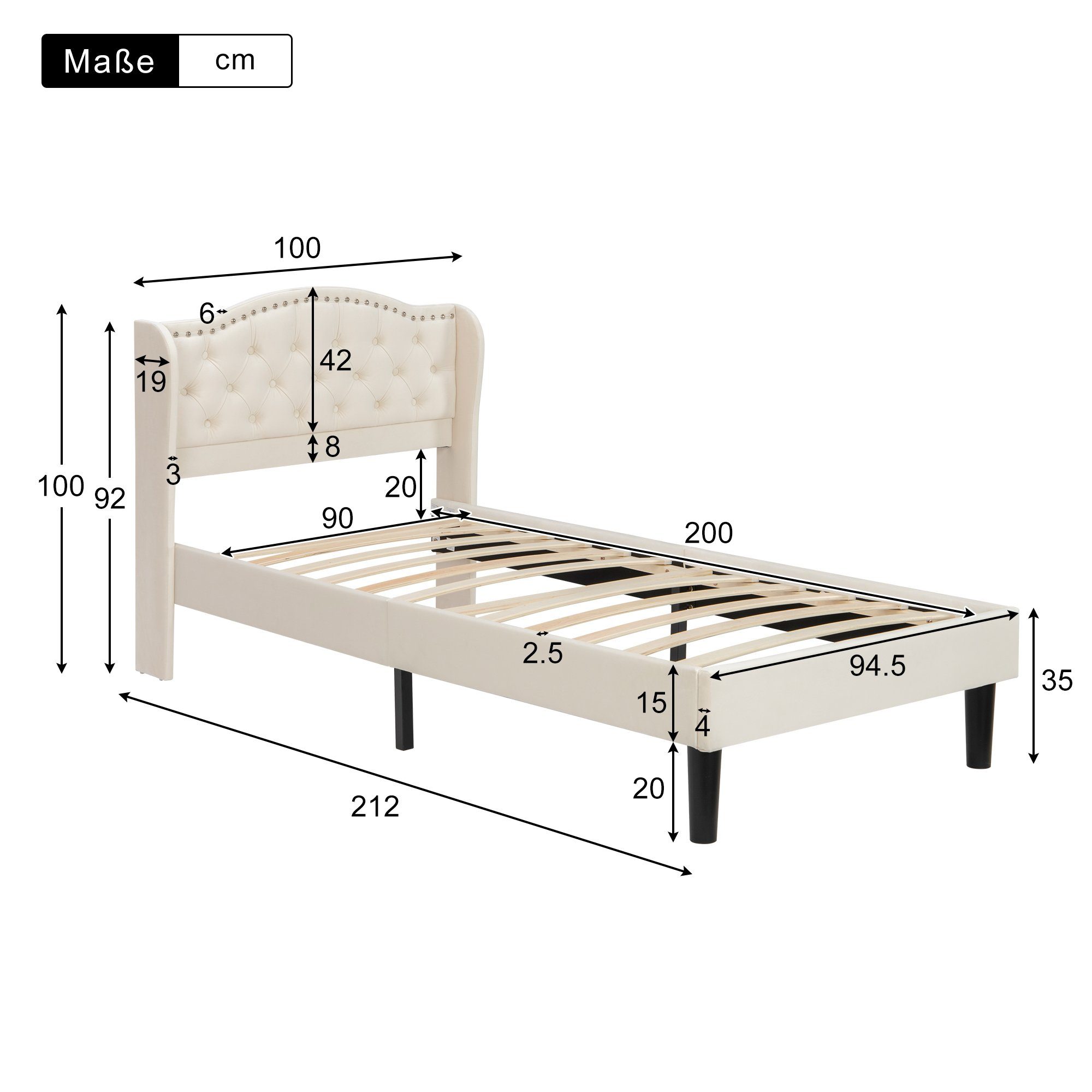 Flieks Polsterbett, Samt Einzelbett mit Polsterkopfteil und Lattenrost 90x200cm Beige