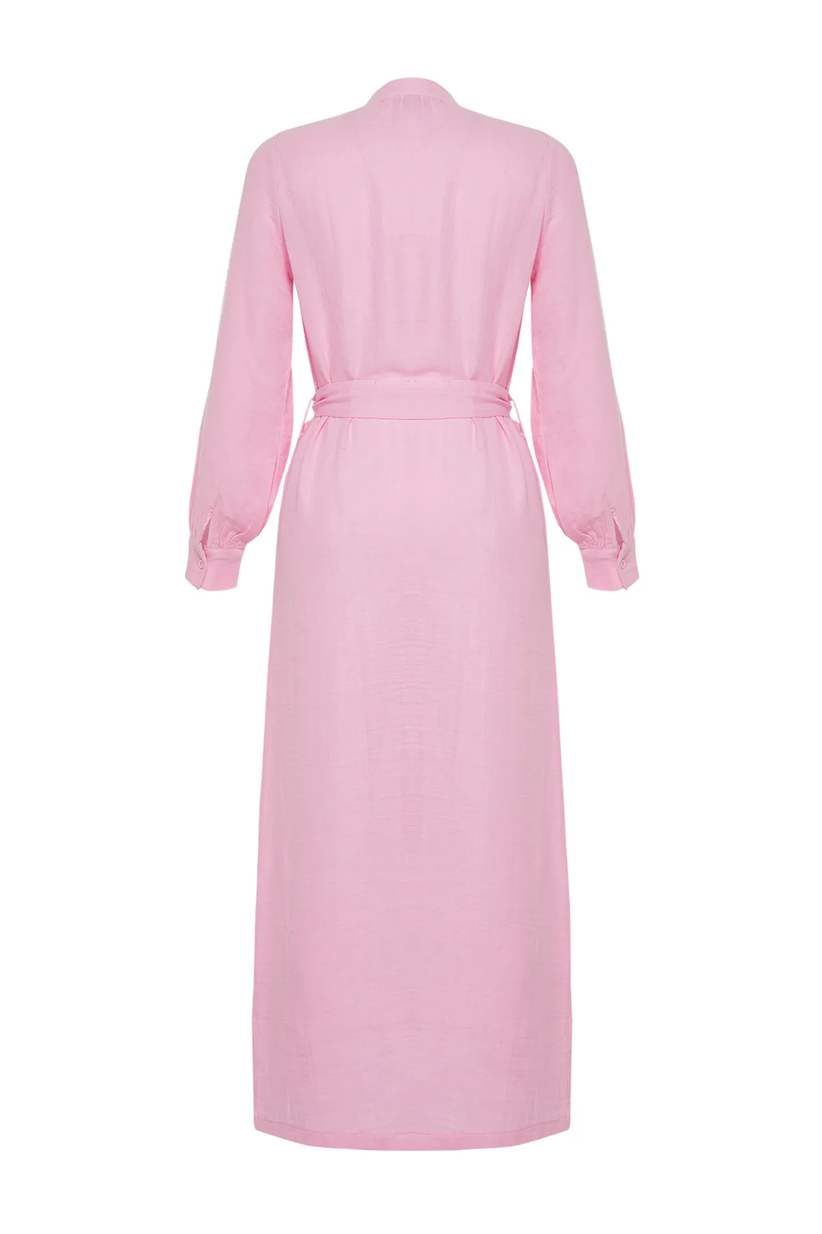 Trendyol Modest  Rosa Hemdkleid aus schlichtem Webstoff mit Vergrößerungskragen und Gürtel TCTSS24EB00127