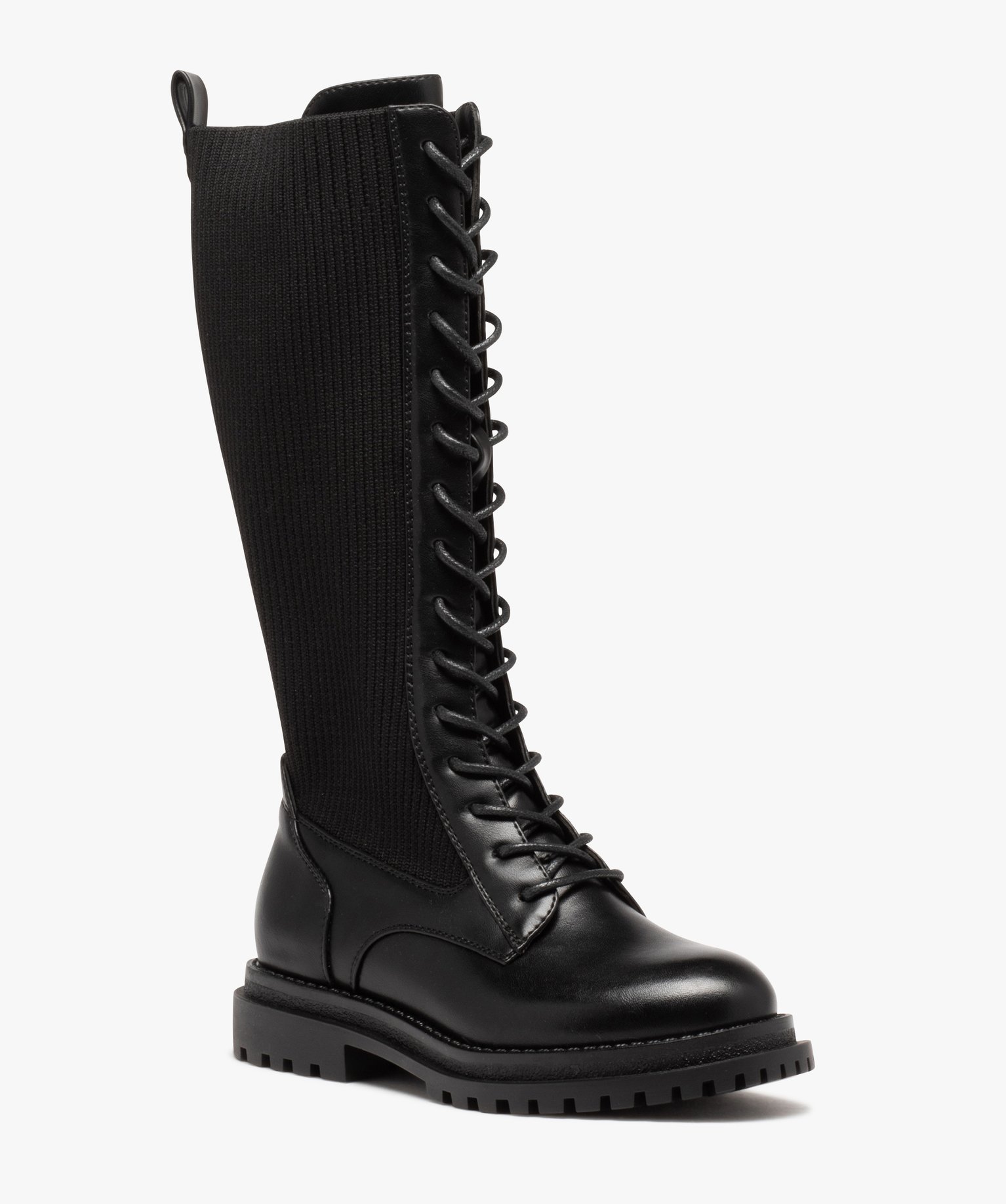 Bottes fille plates unies à lacets et tige chaussette noir | GEMO