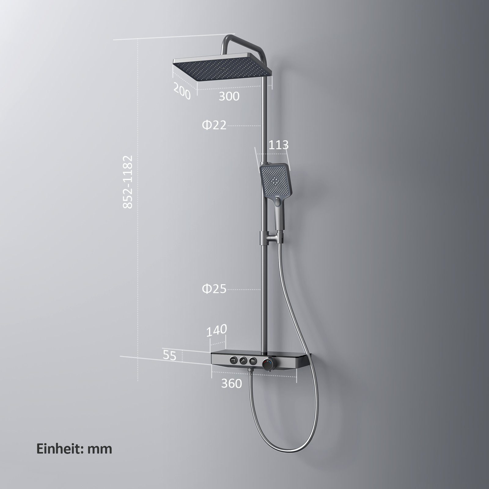 EMKE Duschsystem Duschsystem mit Thermostat Glasablage, Handbrause, 3 Strahlart(en), 45cm Thermostatische Platte,Regendusche mit Armatur