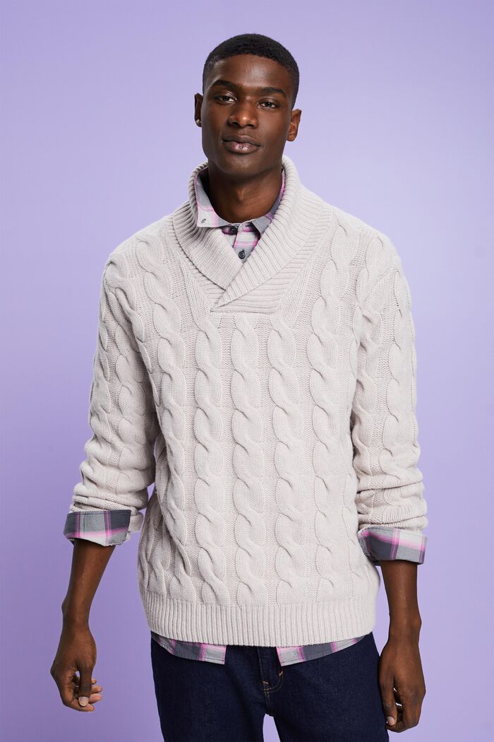 Zopfstrickpullover aus Wolle mit Schalkragen