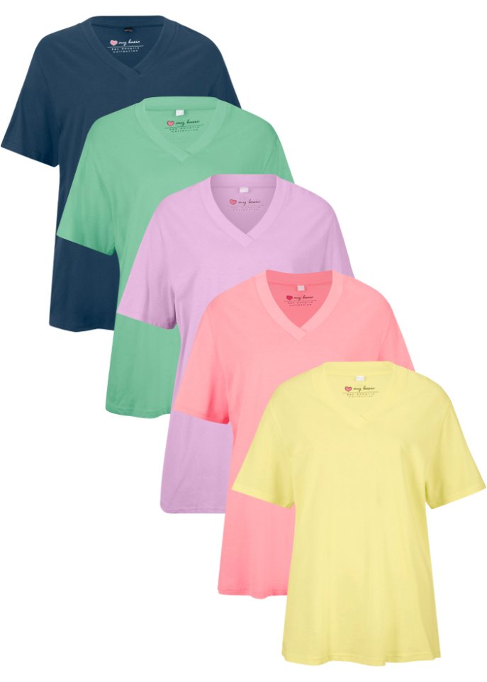 Weites Long-Shirt mit V-Ausschnitt, Kurzarm (5er Pack)