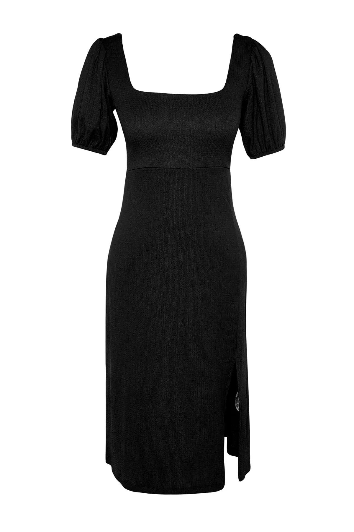 Trendyol Collection  Schwarzes A-Linien-Strickkleid mit quadratischem Ausschnitt, Ballonärmeln, Schlitzdetail, Wickel-/Strukturmuster TWOSS23EL01533