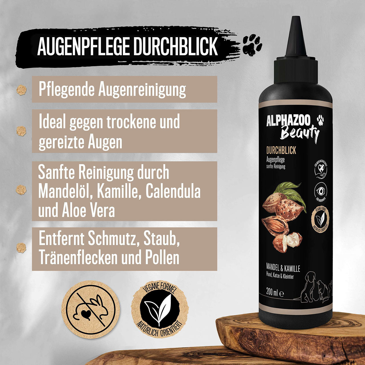 ALPHAZOO Augen- & Ohrenpflege ALPHAZOO Sanfte Augenpflege 200ml - Durchblick für Hunde, Katzen, Haus- und Hoftiere