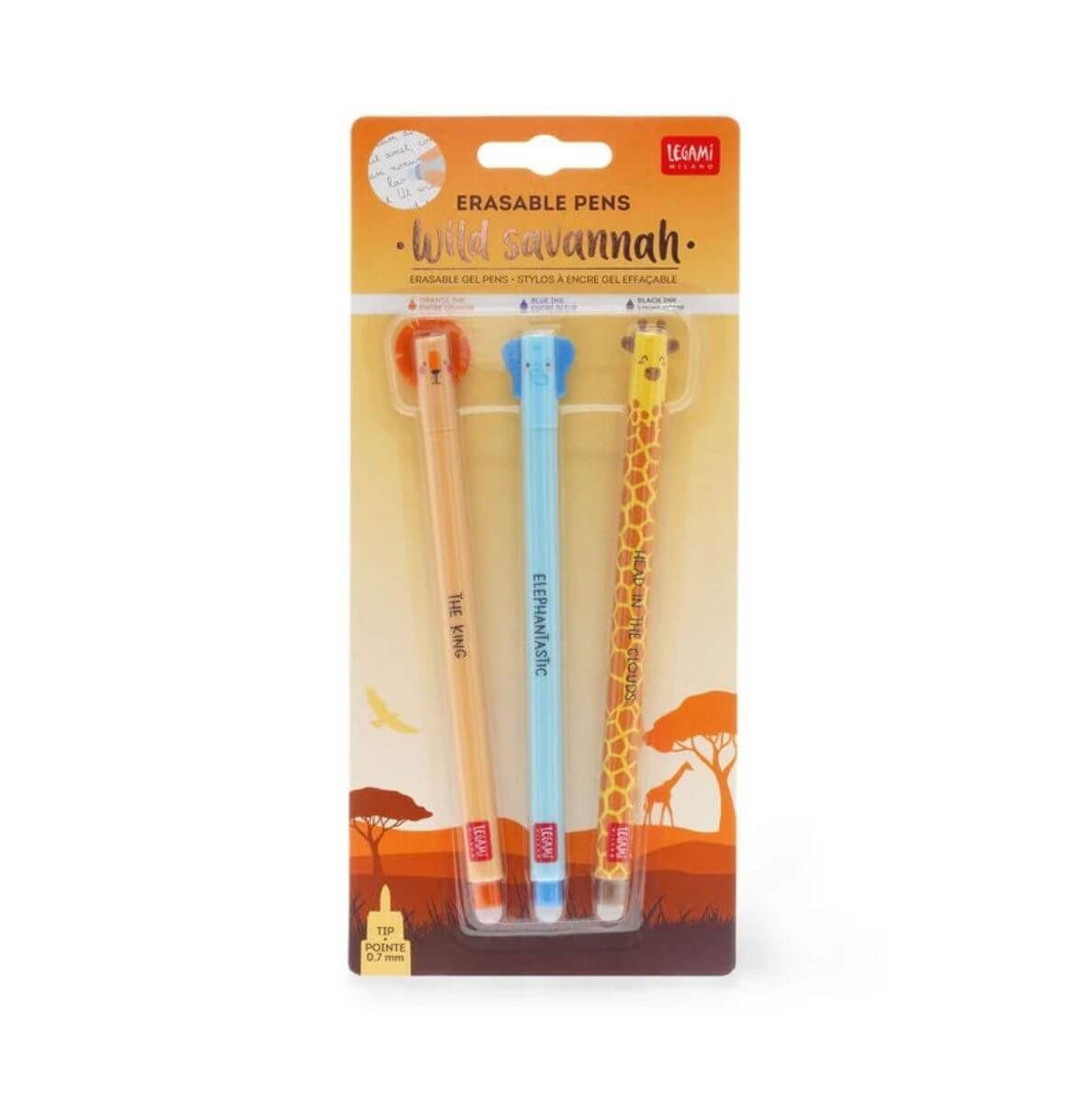 Legami Gelschreiber LÖSCHBARE GELSTIFTE - 3er Set Savanne - Giraffe, Löwe, Elefant