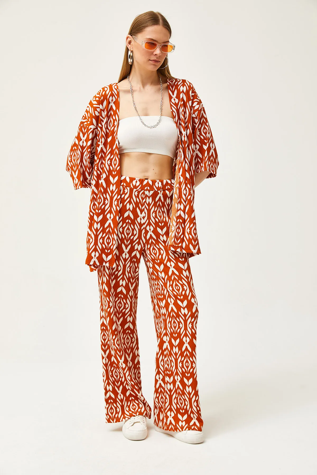 Olalook  Damen Zimt Oberteil Kimono Unterteil Hose Gemusterter Anzug TKM-19000279