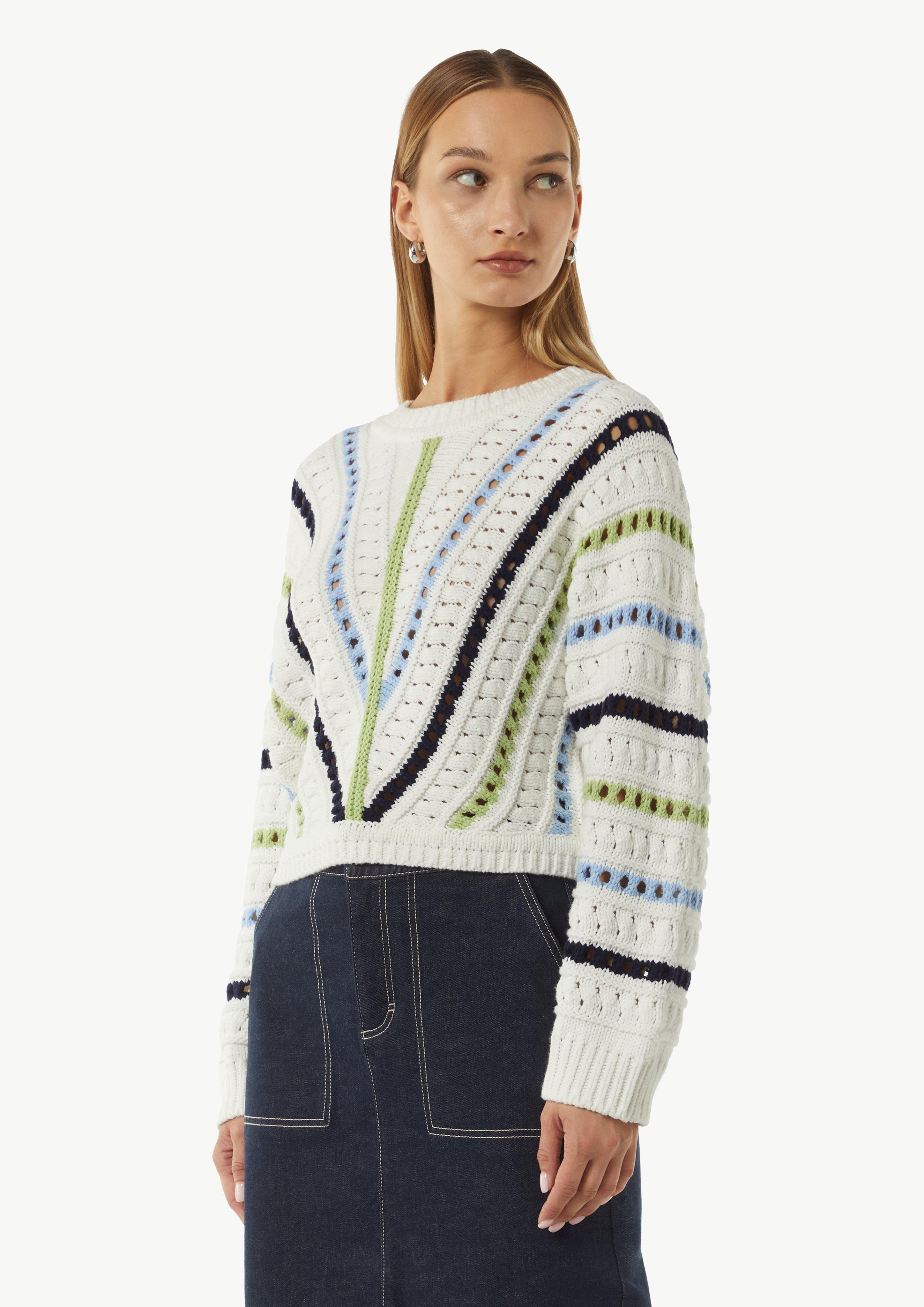 Cropped Strickpullover mit Ajourmuster - weiß