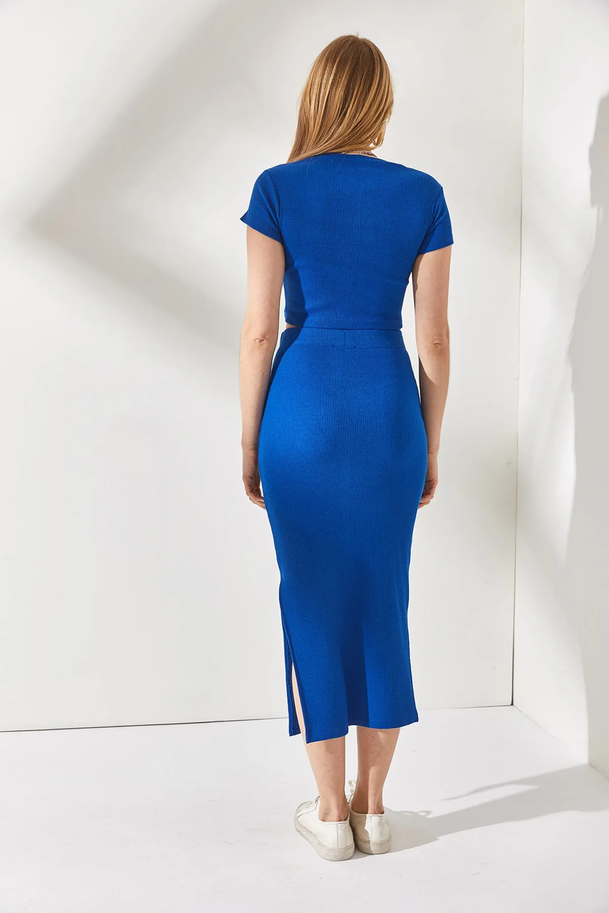 Olalook  Damen Saks Blau Kurzarm Schlitzrock Lycra Anzug TKM-19000194