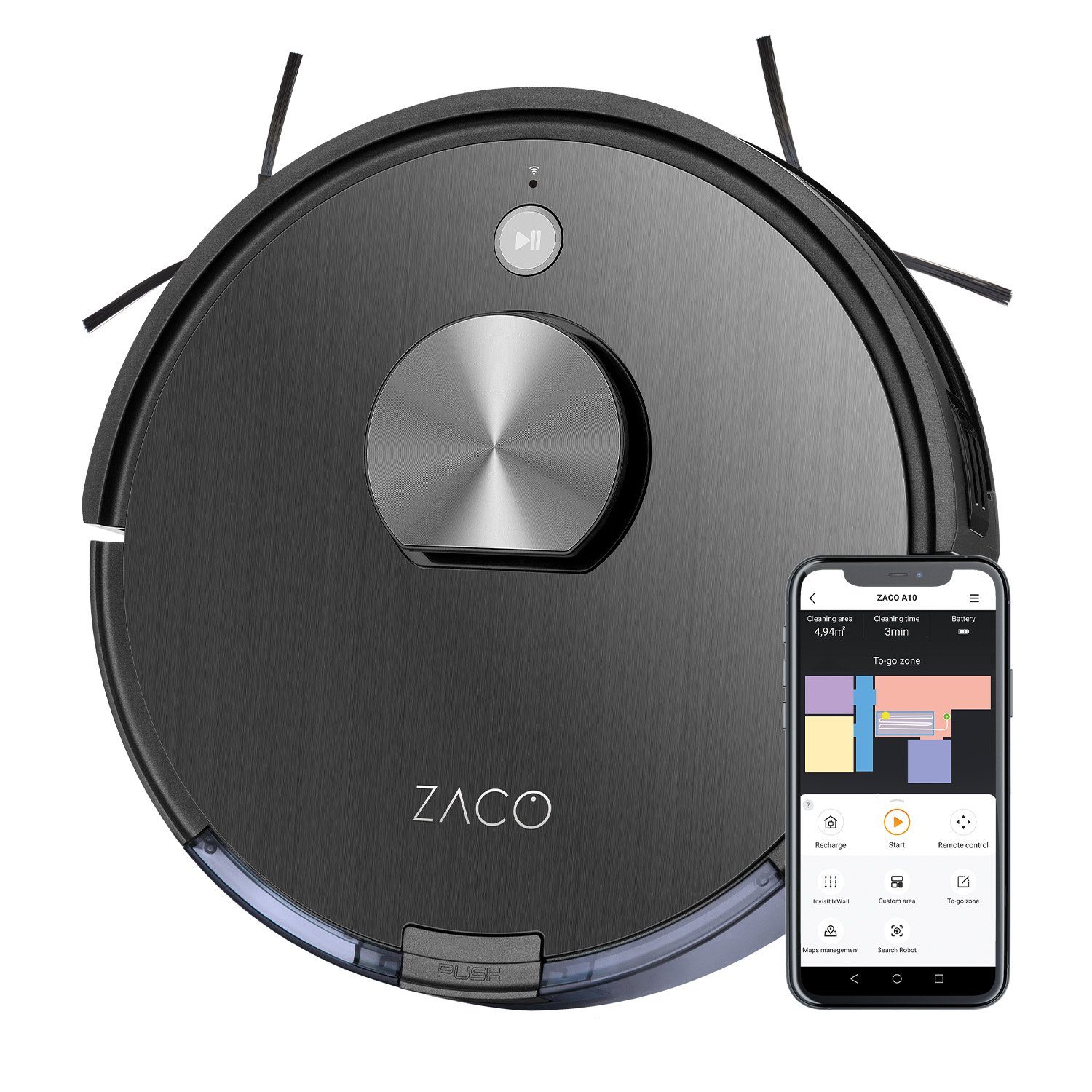ZACO Nass-Trocken-Saugroboter A10, 22 W, Cellular Staubtank 450 ml, Saugroboter, Wischfunktion, Multi-Mapping, Allergiker, Tierhaar, leise
