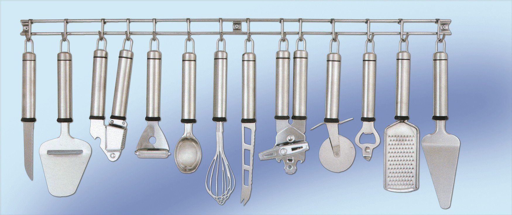 JOKA international Kochbesteck-Set Küchenhelferleiste, 13teilig, Edelstahl (1 Leiste mit Haken inkl: Küchenmesser, Käsehobel, Knoblauchpresse, Sparschäler, Eisportionierer, Schneebesen, Käsemesser, Dosenöffner, Pizzaschneider, Flaschenöffner, Reibe u