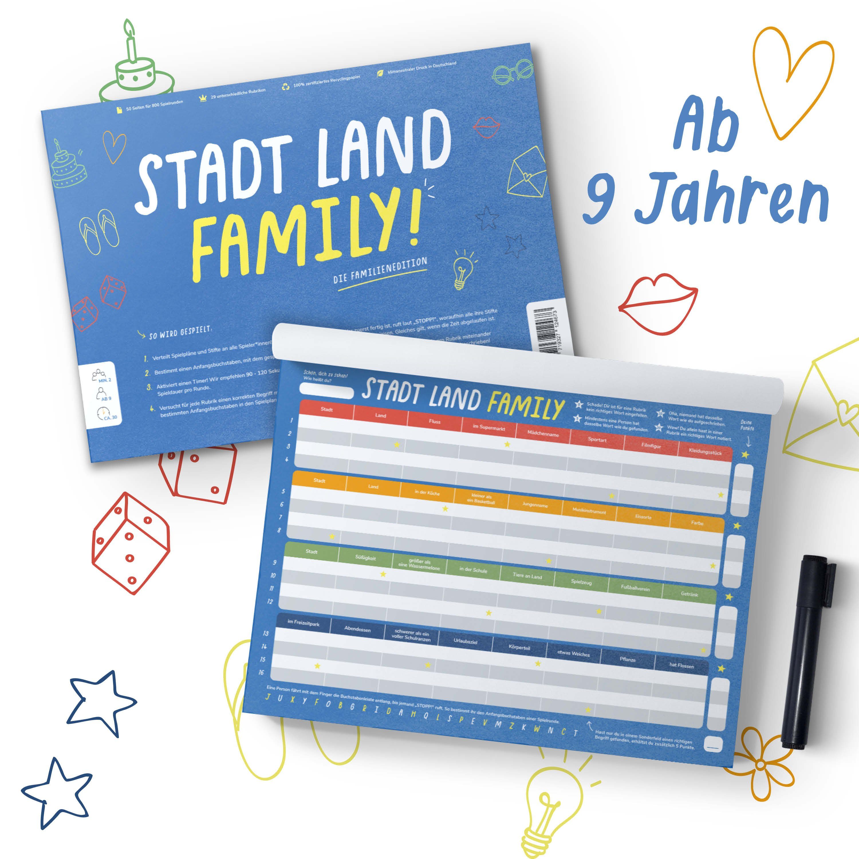 Pihu Spiel, Familienspiel STADT LAND FAMILY, Denkspiel für Familien, Klimaneutral gedruckt, 100% Recyclingpapier