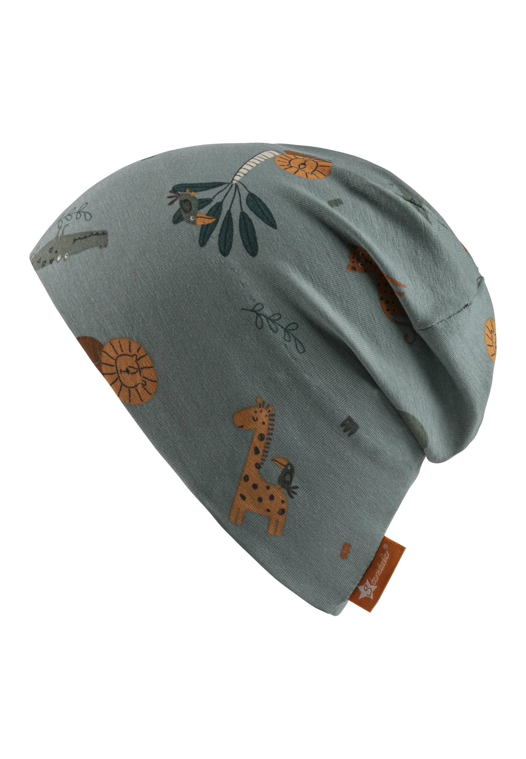 Beanie bedruckt mit Allover-Tiermotiv in mattgrün