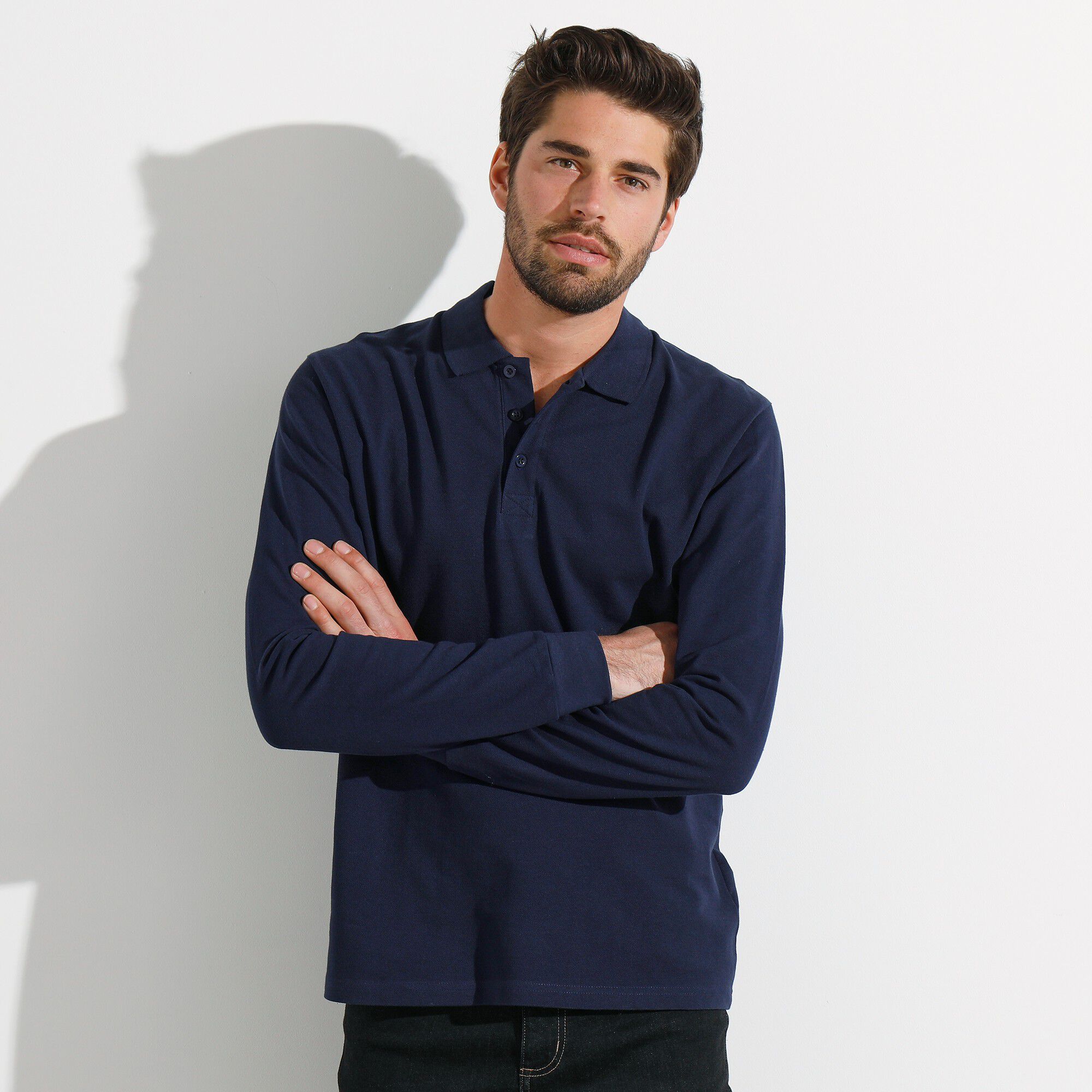 Polo uni maille piquée manches longues