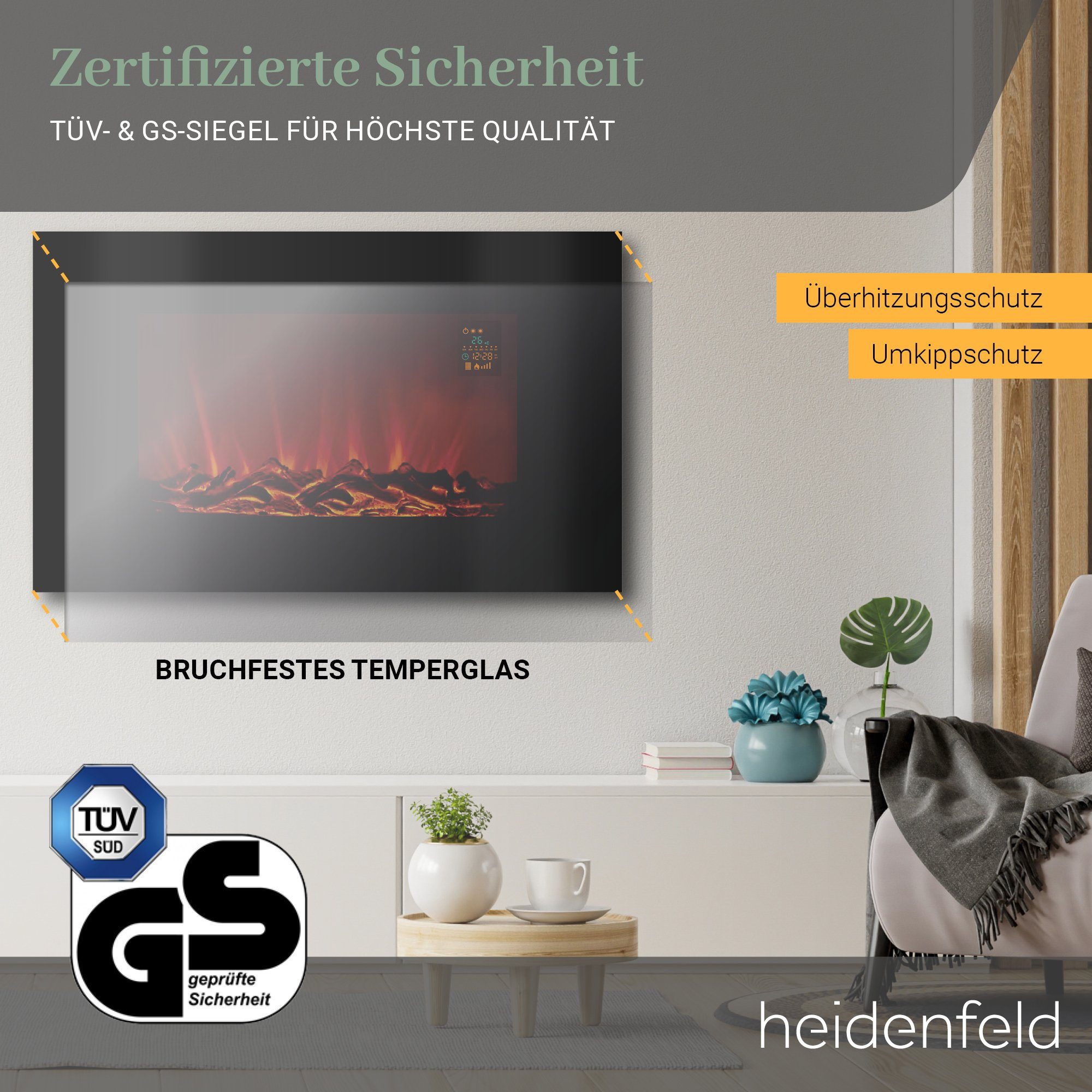 Heidenfeld Elektrokamin Kamin Heizung Wandkamin HF-WK100 1000-2000 Watt inkl. 3 Jahre Garantie, 3D Flammen - 5 Stufen Helligkeit - Fernbedienung - Elektroheizung